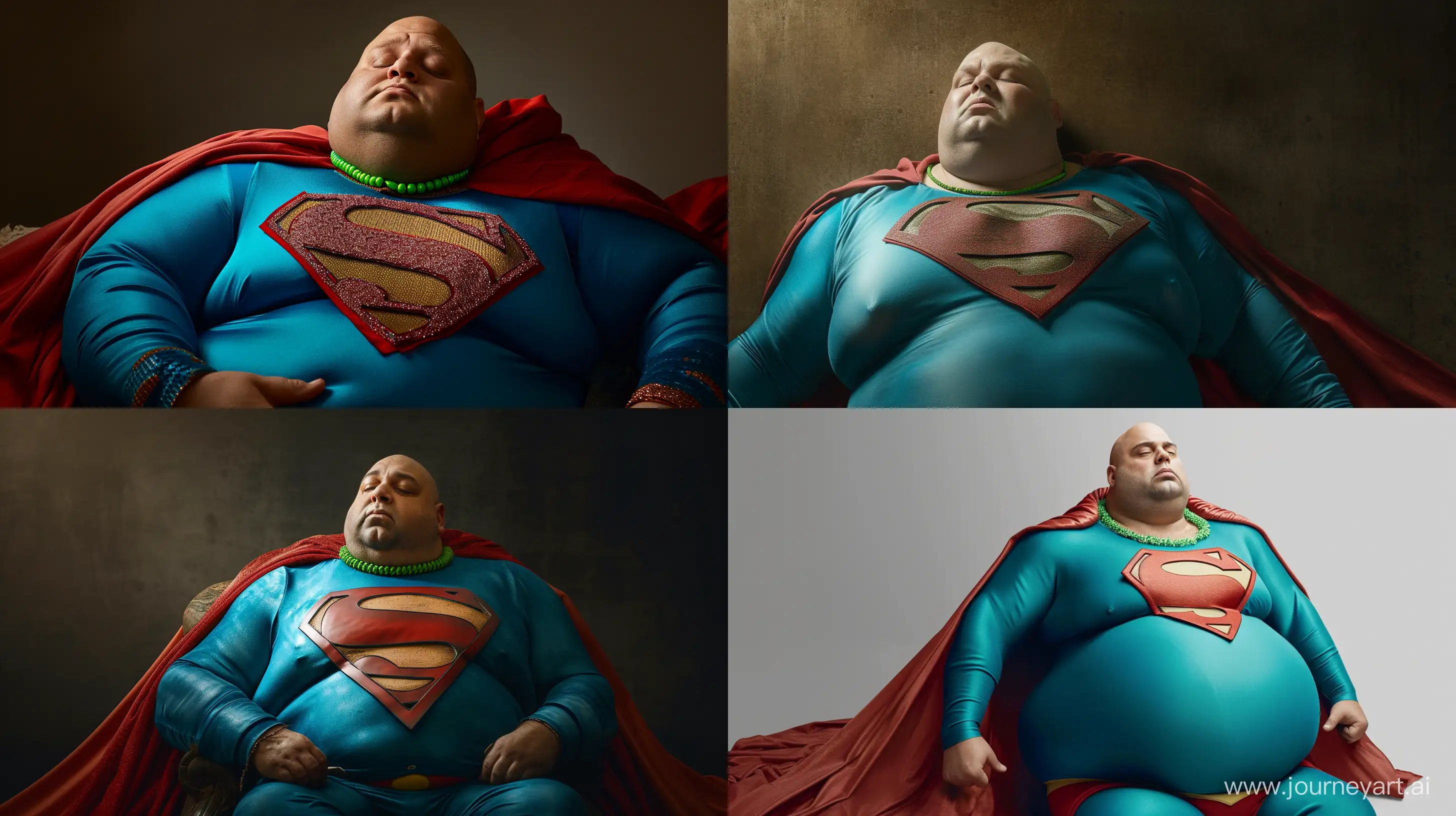 Photo of a chubby man. He is wearing a slightly shiny bright blue superman costume with a big red cape. Sleeping. He wears a bright green necklace. He looks tired. Natural Light. Full body shot. Clean shaven. Bald. High-quality. --ar 16:9 --v 6