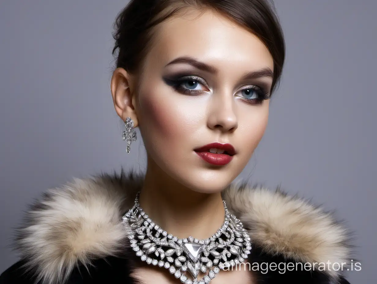 on a beautiful girl a fur collar and a necklace with diamonds.