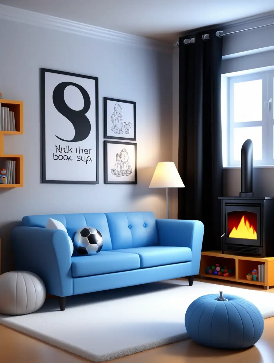 Cozy Childrens Book Home with Blue Sofa and Black Fireplace