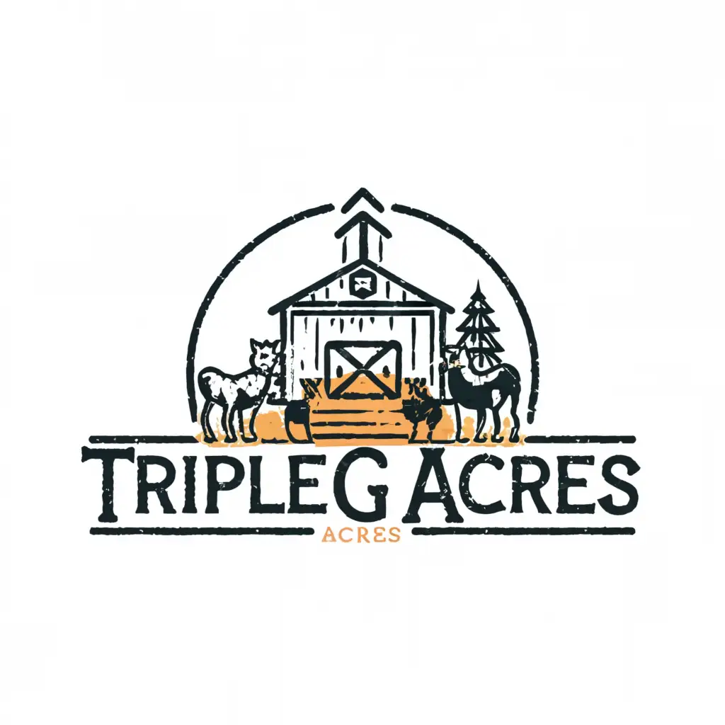 a logo design,with the text "Triple G Acres", main symbol:farm logo black with barn, cat, dog, and goats,Moderate,clear background