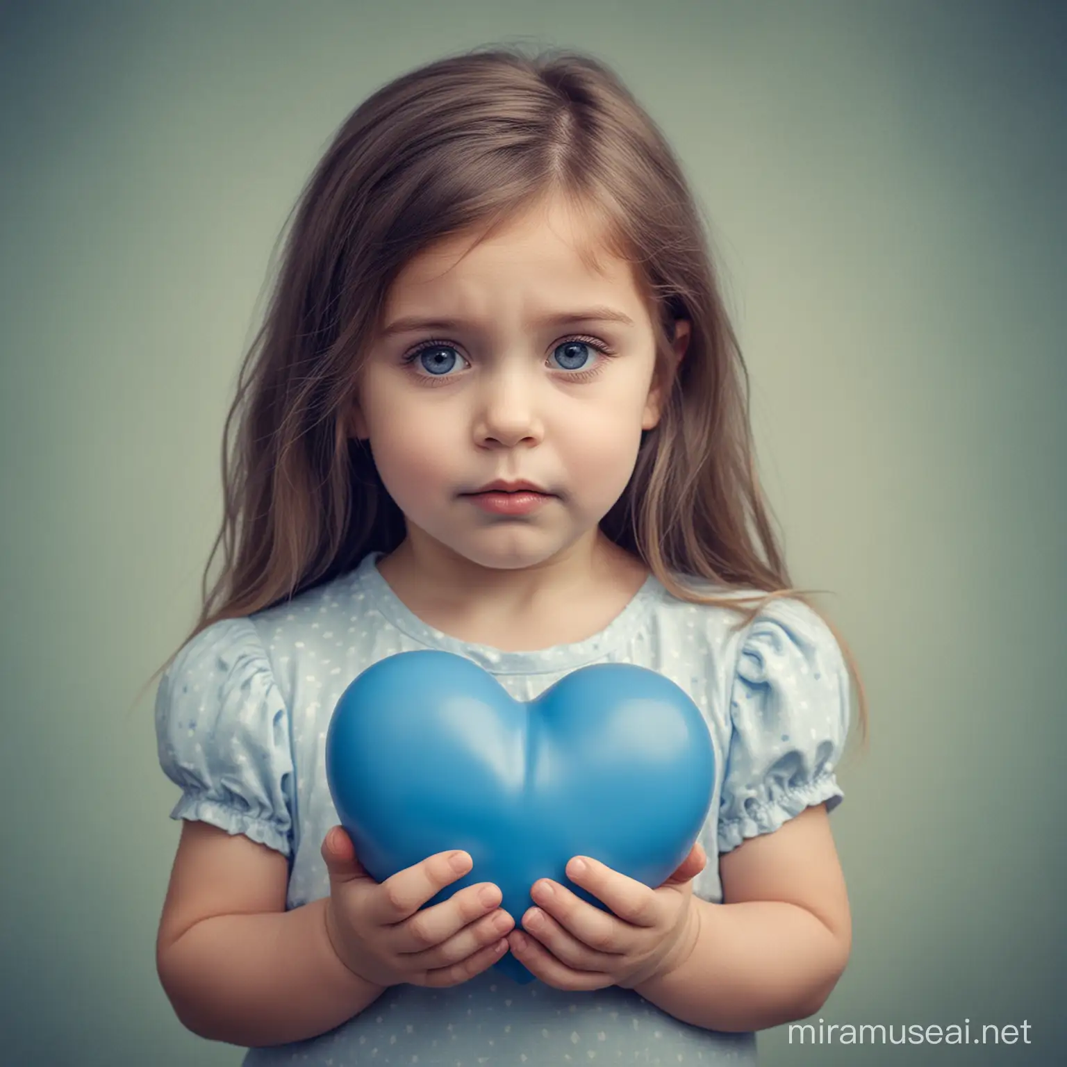 sad little girl holding a blue heart in her hands
