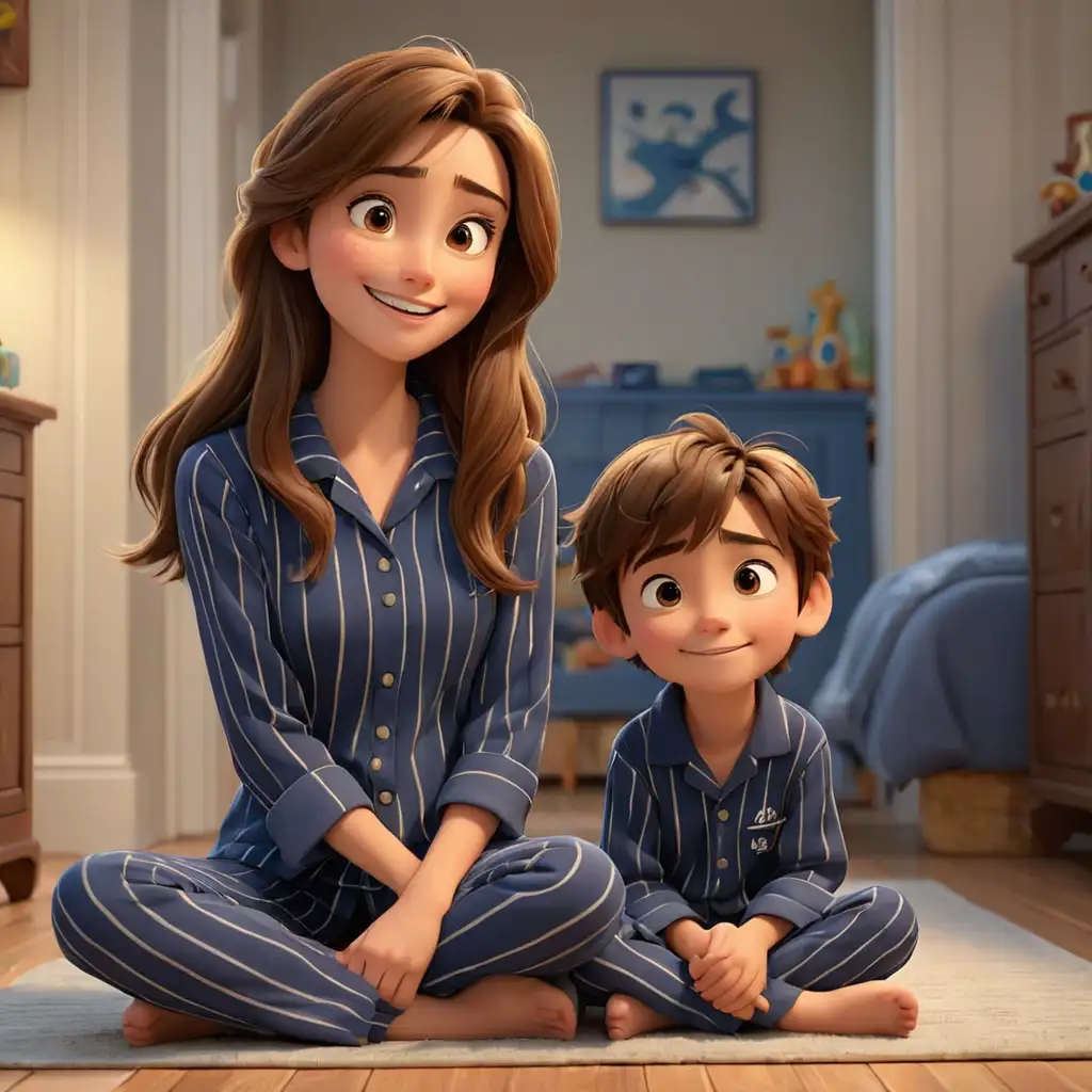 Disney pixar theme, 3d animation, beautiful mom, long straight brown hair and brown eyes, son with neat brown hair and brown eyes, happily looking at each other, sitting on floor, wearing navy blue stripe pajamas