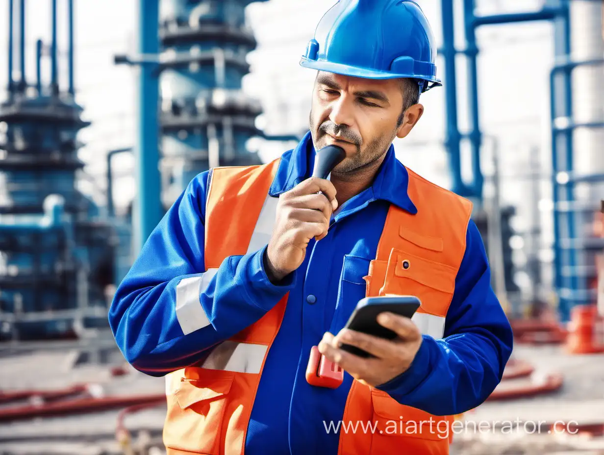 gas utility worker with blue clothes, calling in the smartphone
