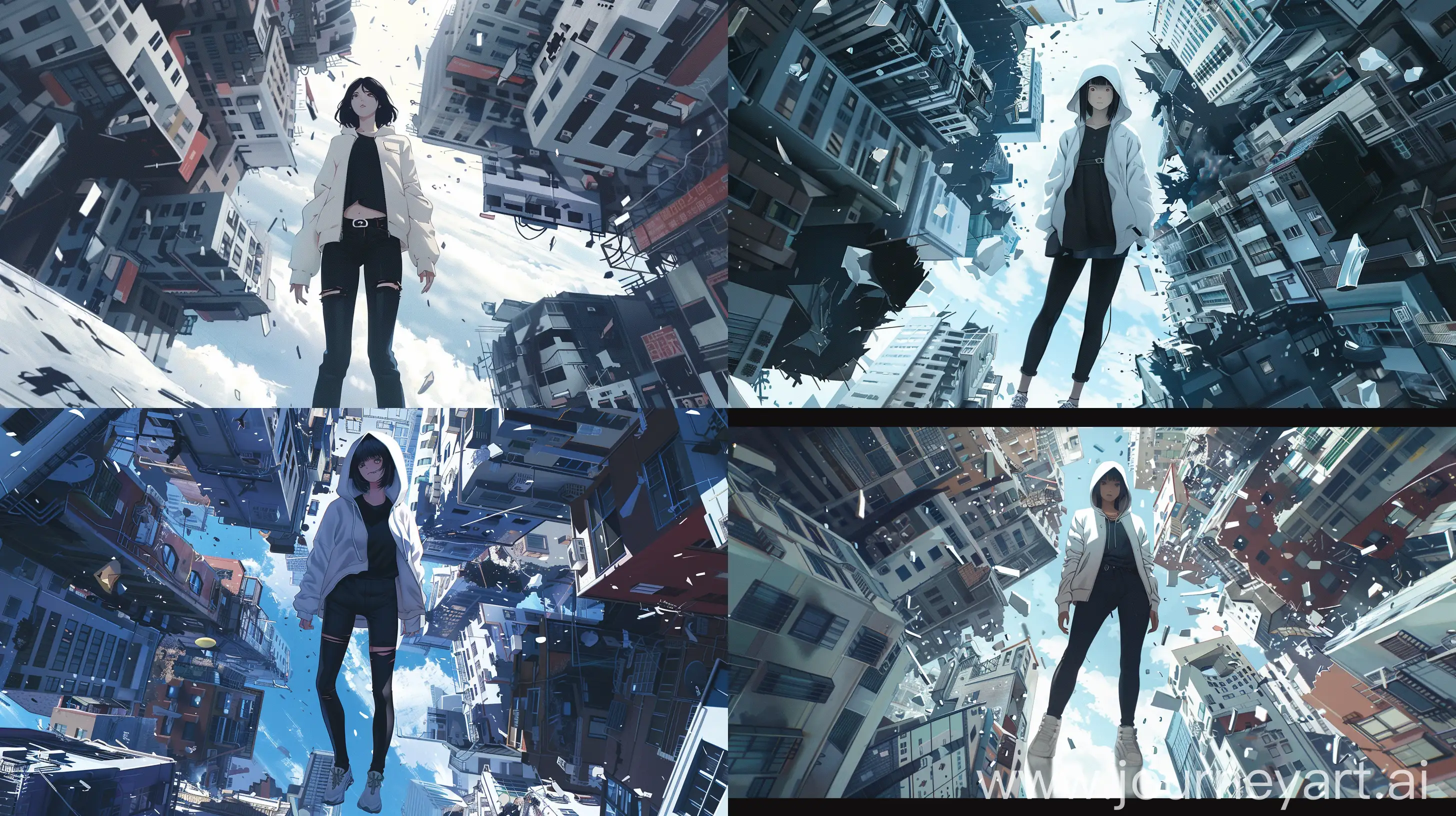 1 lady, white hoodie, black shirt, black pants, wide background, anime style, anime composition, kyoto animation studio stylestyle, standing in centre, reality getting destroyed and constructing again, upside down world, mutiple buliding overlapping each other, --ar 16:9 --v 6