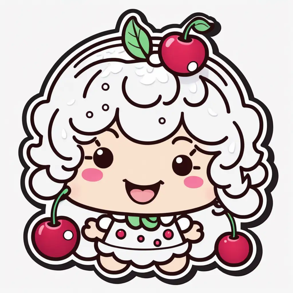 Sticker, Laughing KAWAII cherry shortcake with Whipped Cream Hair, food illustration, mixed 
styles, contour, vector, white background