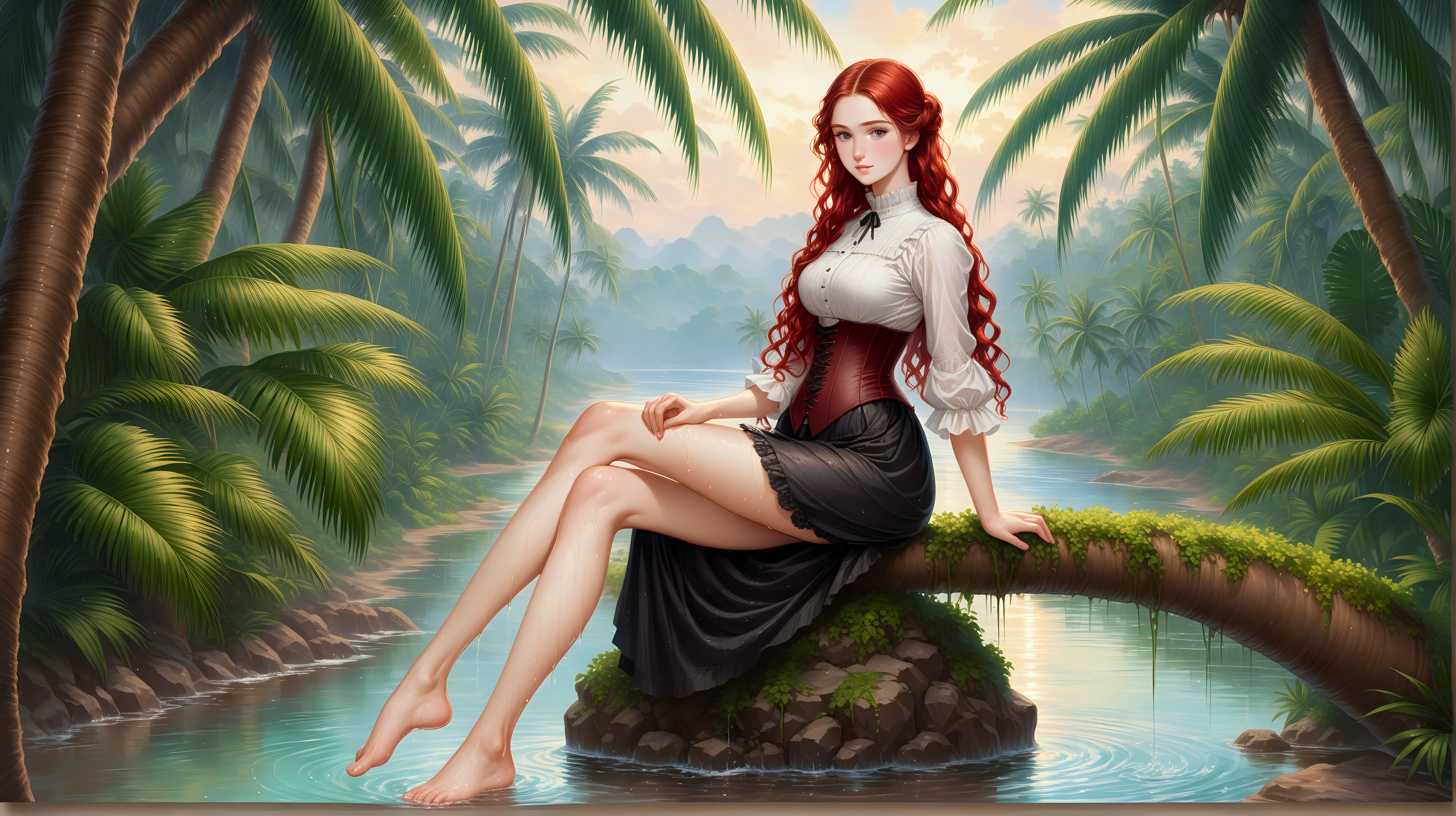 Portrait of a Young British Wife in 1880s Tropical Heat Curly Red Hair and Bare Feet