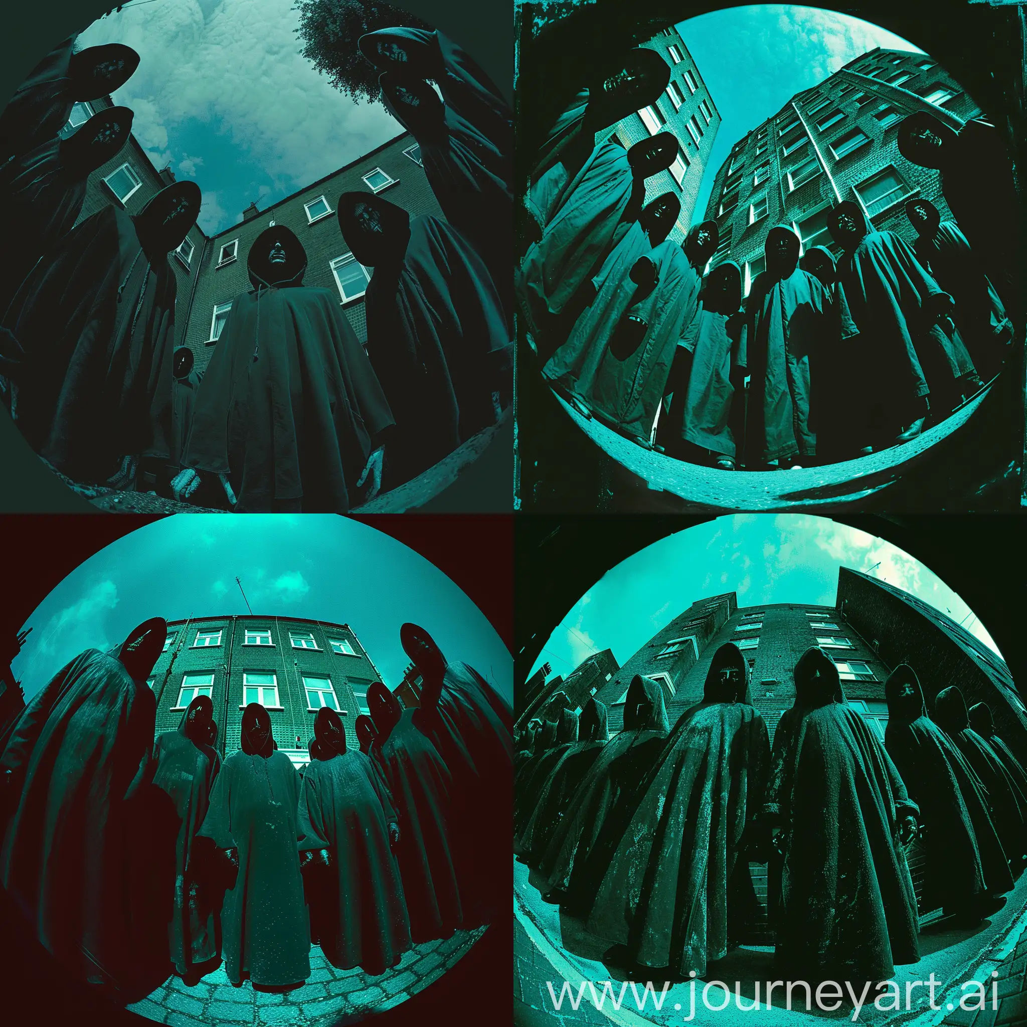 fisheye photo from low down of gang of many hooded dark figures with faces obscured standing outside a london estate at night block 1990's vibe grainy and teal coloured cinematic horror scary
