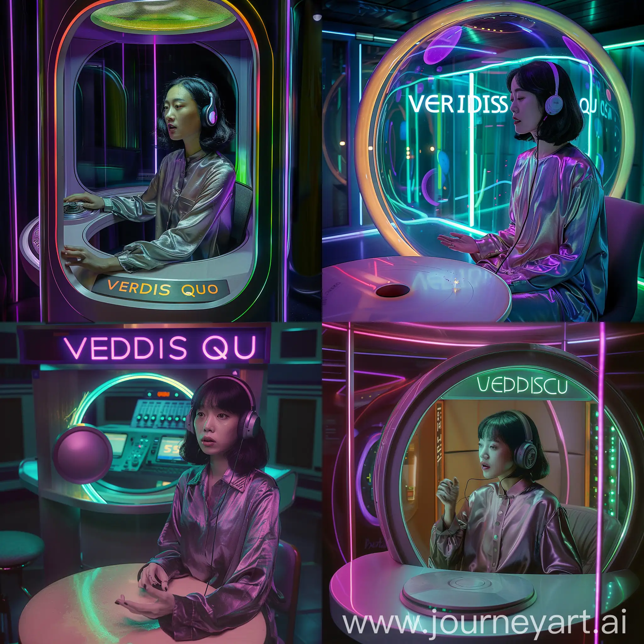 A beautiful modern radio station, a 40th age lady with blacck hair (presenter inside), looking lost. She i talking no one is there inside. It's quite dark with some vibrant colors lie purple and green led lights inside, The radio emisison called Veridis Quo. a round table and she is sitting on chair there, with healphone on her head. She wears silky greyish shirt. It feels like thriller film. 35mm film. Reference to Parasite drama thriller  Korean film