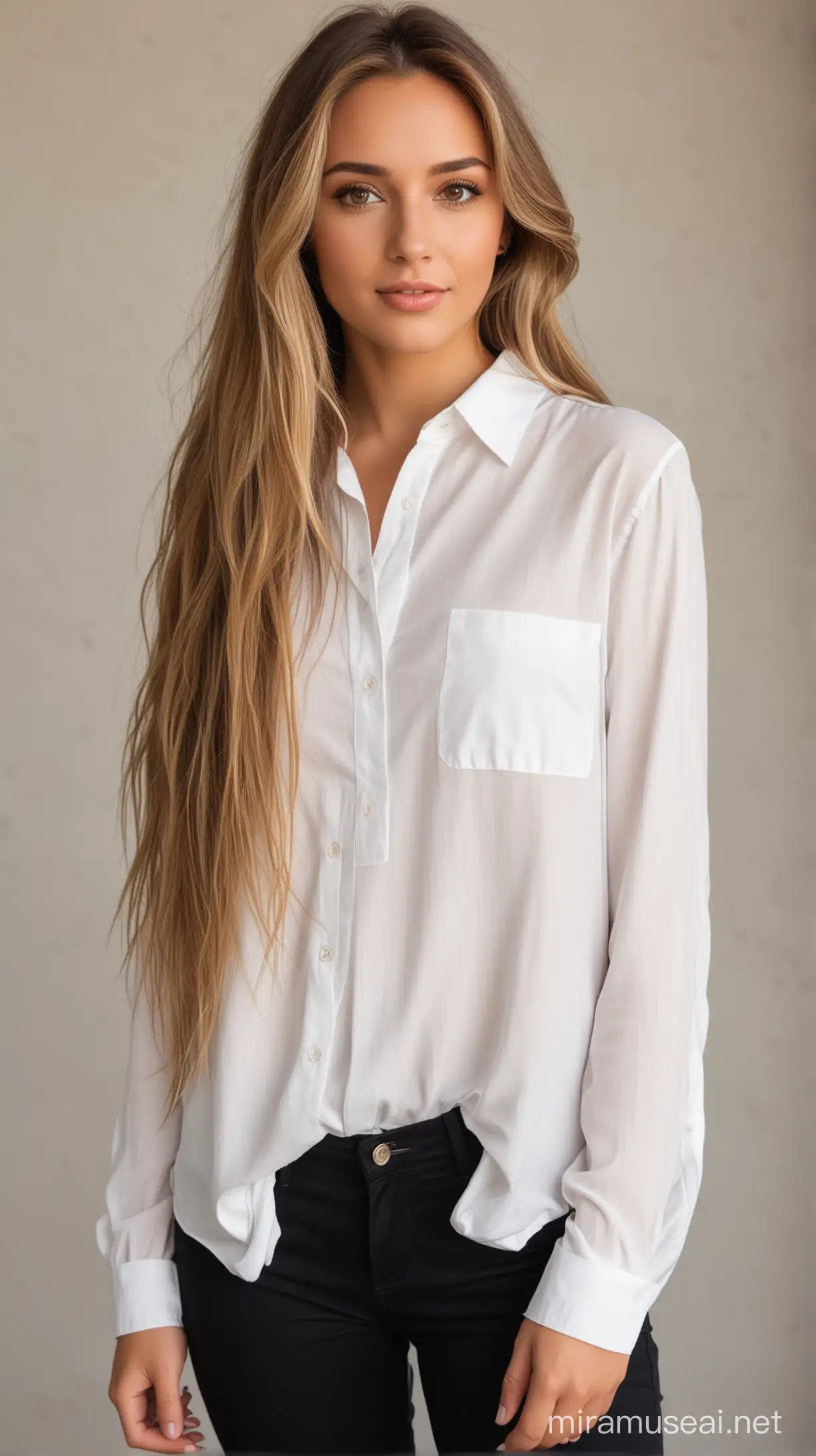 A cute brunette woman with brown eyes and very long blonde hair
She wears black pants and a white shirt