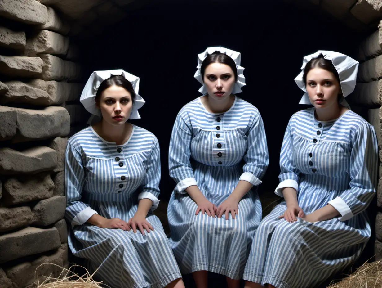 Three busty prisoner woman (30 years old, same dress) sit on hay on the ground (far from each other)in a dungeoncell (Stone walls, small window) in dirty ragged blue-white vertical striped longsleeve midi-length buttoned gowndress(smallshort bonnet, collarless, roundneck, sad and desperate), look into camera