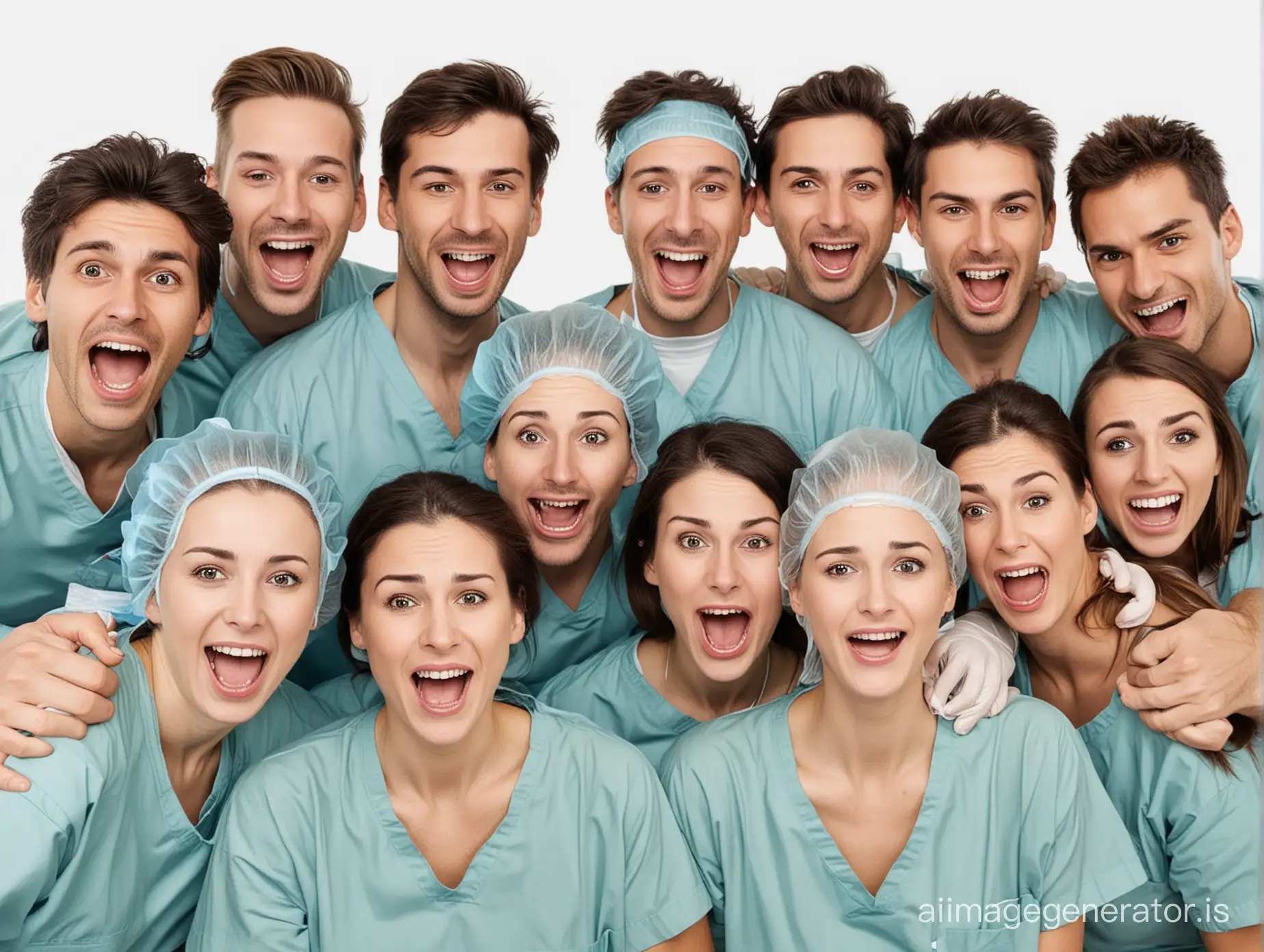 two groups of people, one has anesthesiologists and are just a few, the other one are common people in great number, the first group is scared and the second is happy. White background