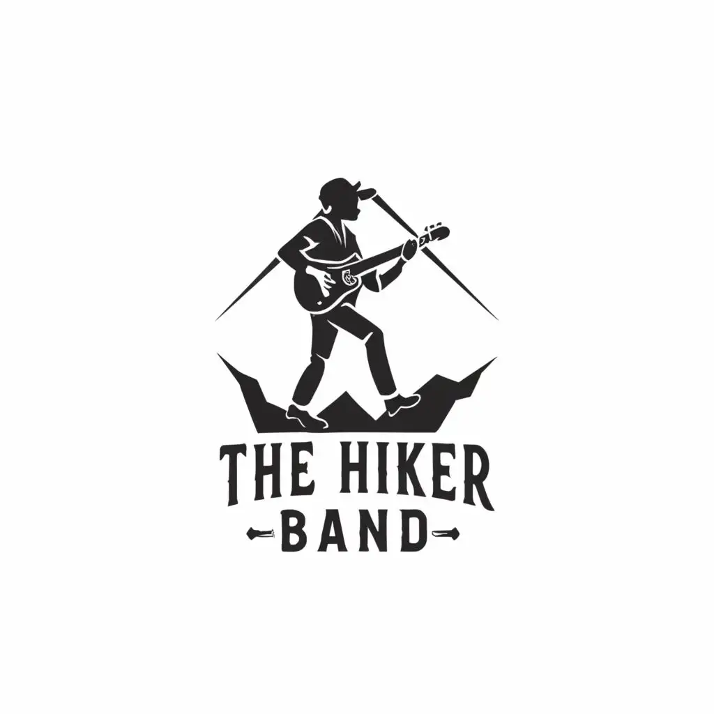 a logo design,with the text "The Hiker Band", main symbol:Hard Rock man with fiddler cap and guitar on the back. Mountain backdrop.,Minimalistic,be used in Entertainment industry,clear background