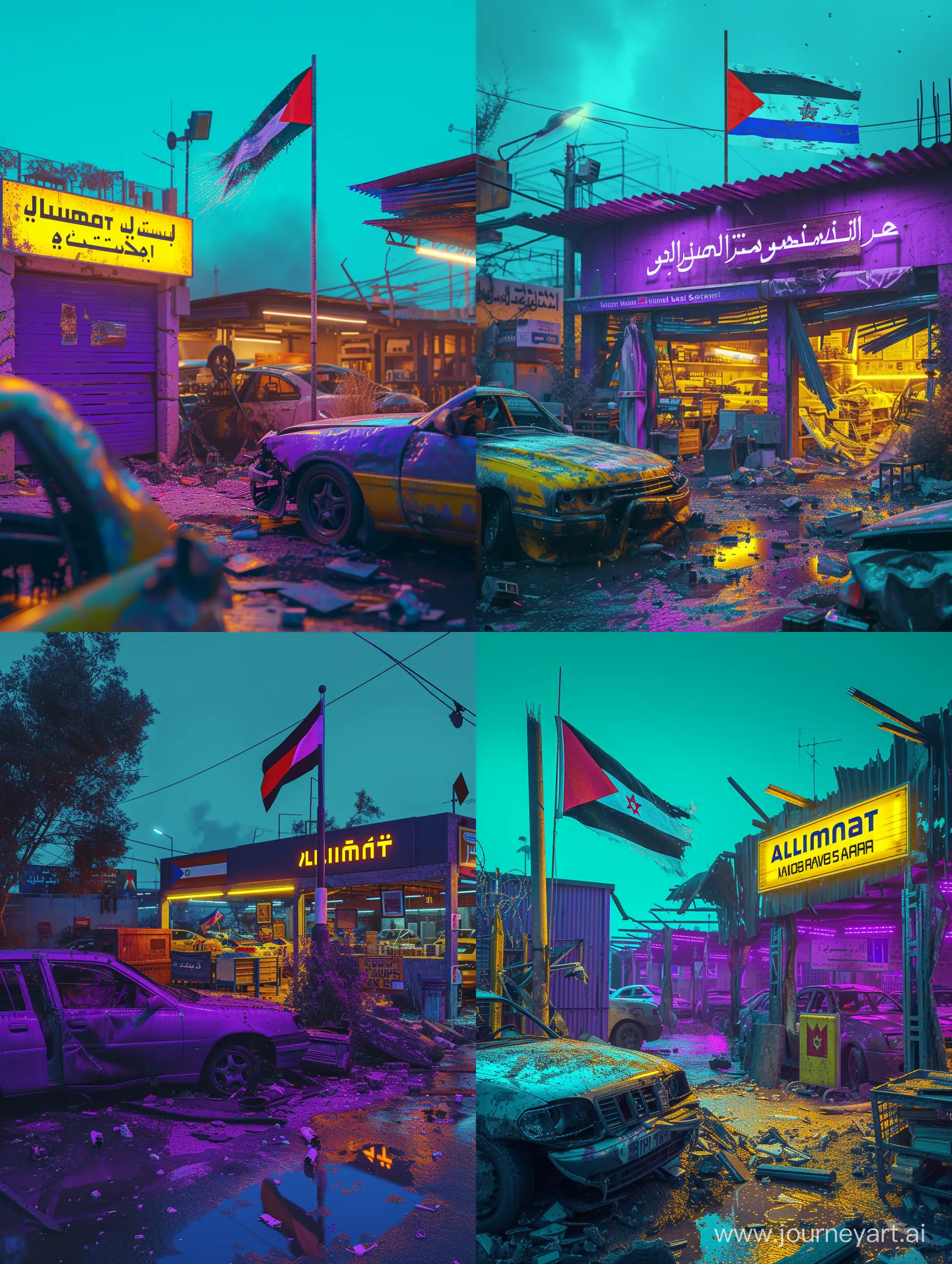 ultra realistic a car workshop that was destroyed by a bomb attack. workshops are purple and yellow. There is a Palestinian flag. a sign that says 'Altimat Auto Garage'. refraction of blue and yellow light. evening atmosphere. canon eos-id x mark iii dslr --v 6.0