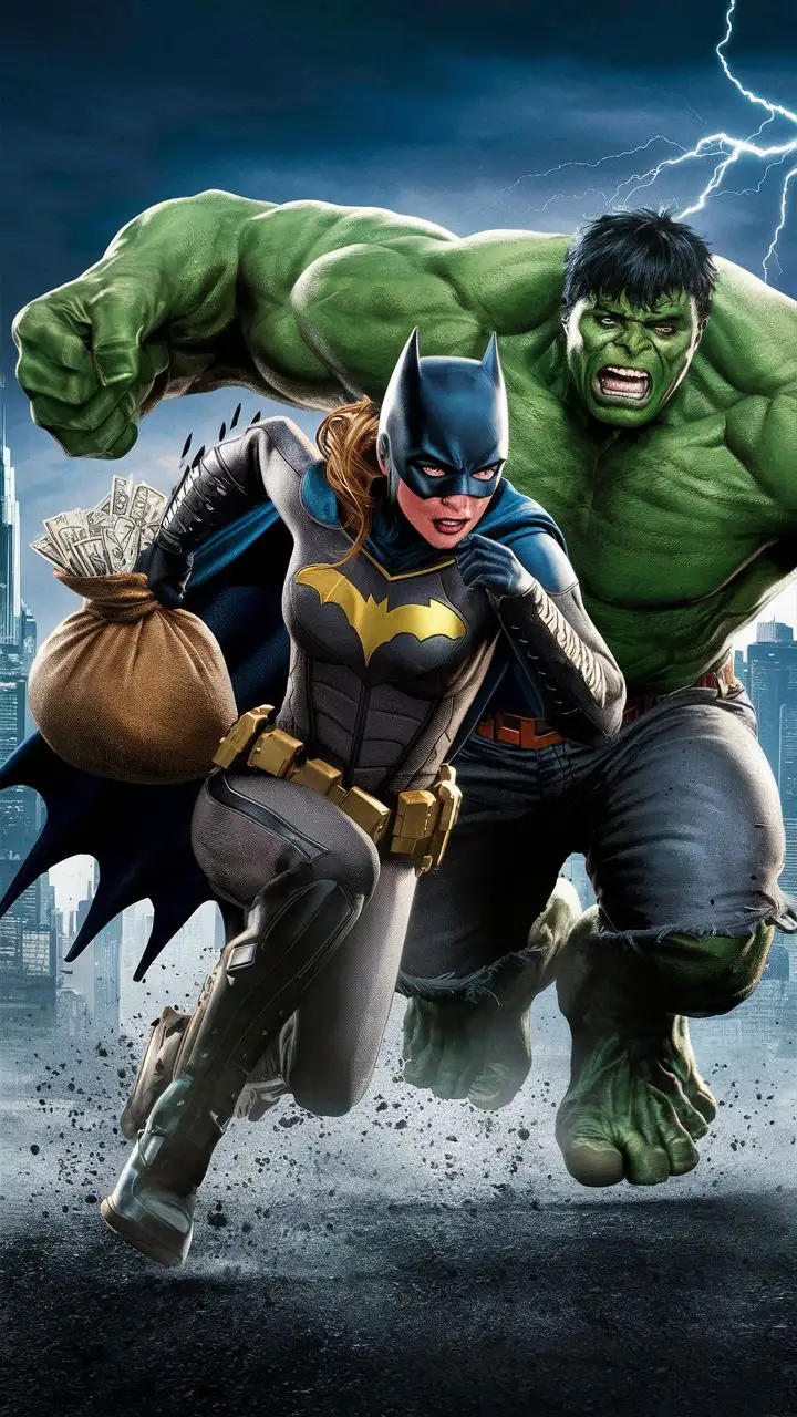 Heroic Batwoman with Money Bag Pursued by Hulk