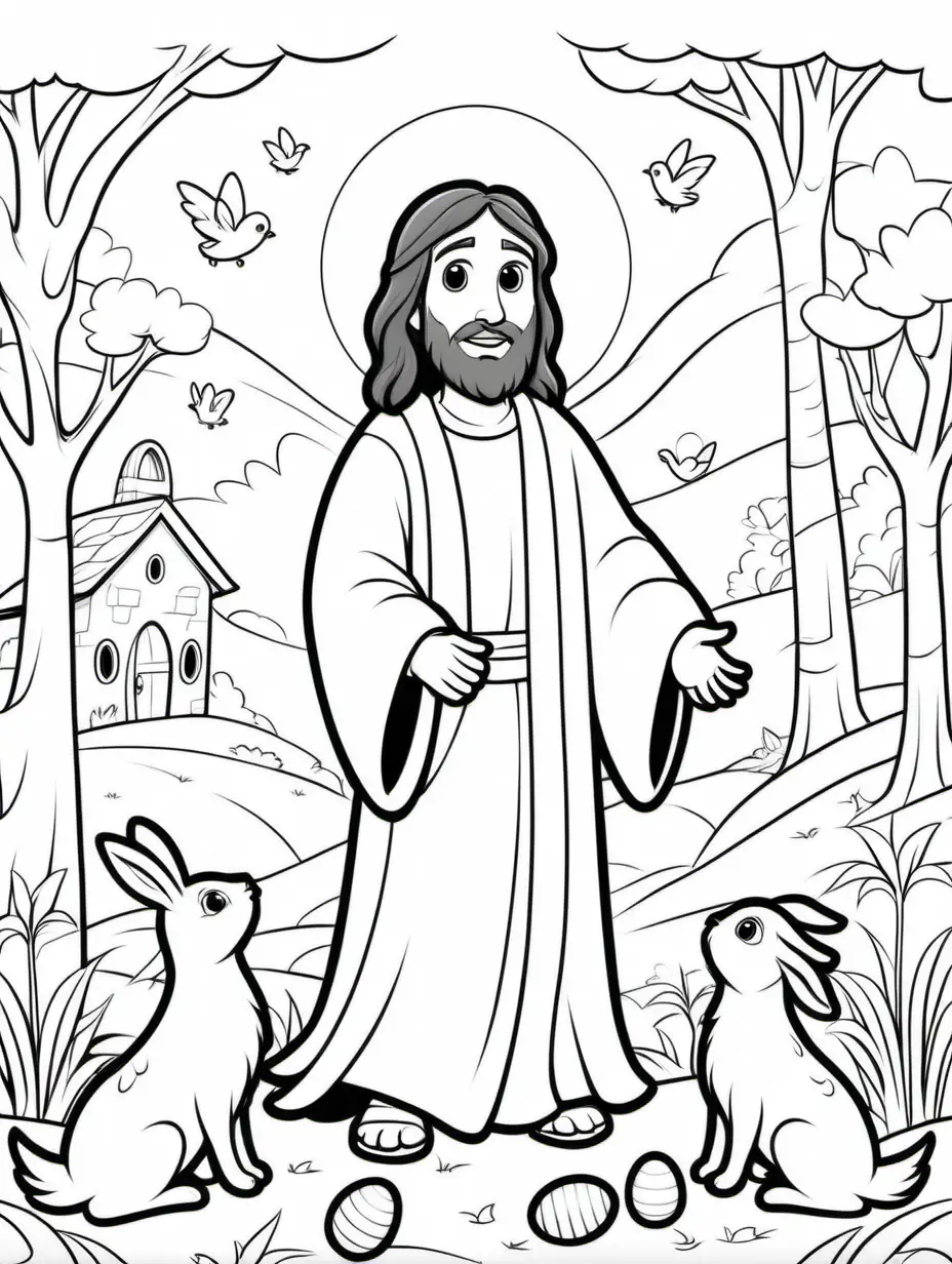 Cute, fairytale, whimsical, cartoon, easter, jesus, extremely simple, black and white, coloring pages for kids cartoon style, thick lines, low detail--no shading --ar 9:11--v5