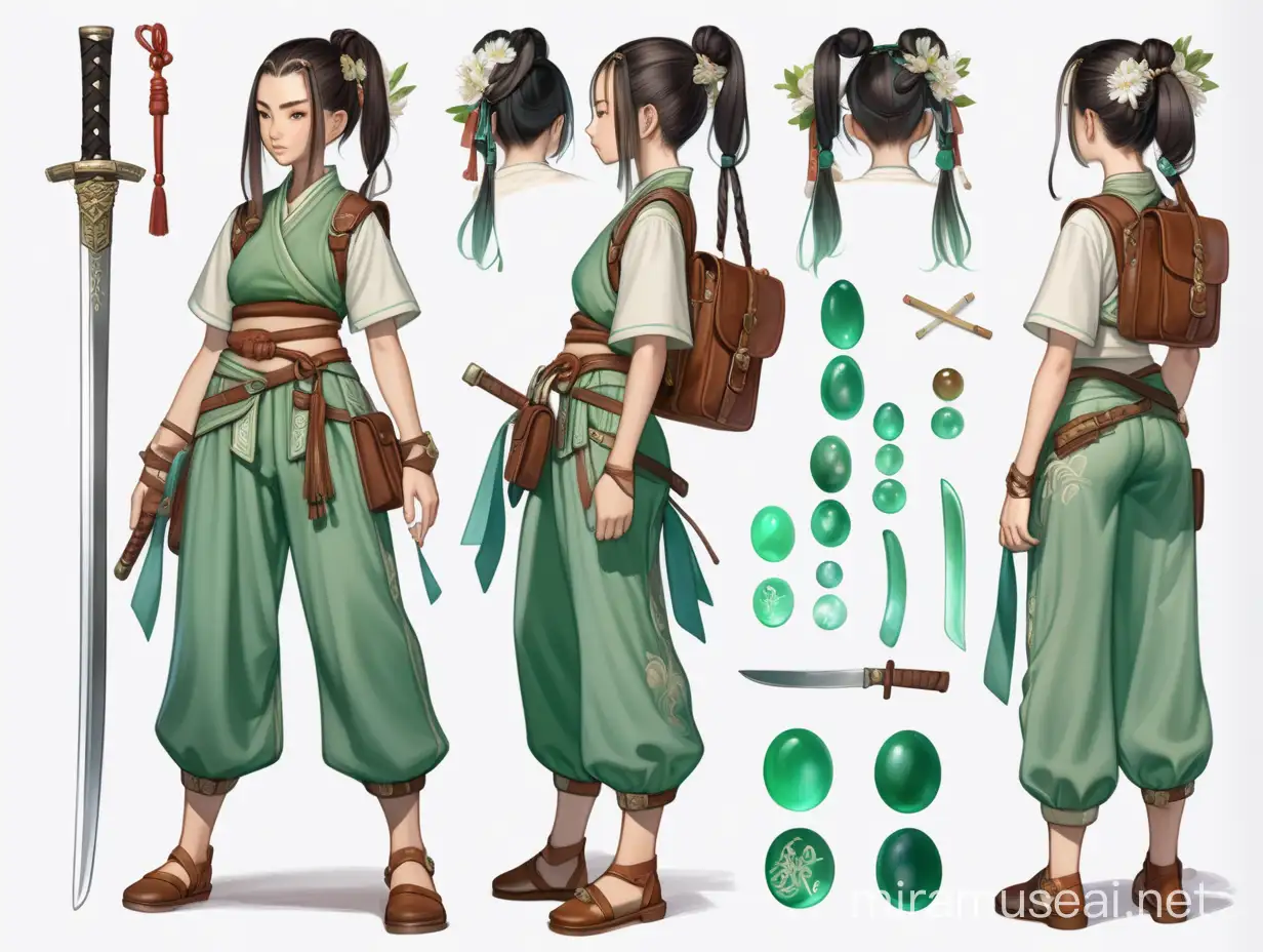 A detailed character design sheet, featuring the back, featuring the front and full body of a teen girl headstrong student from a hidden academy nestled within the East Asian jungles, who wields a short jian sword (straight double-edged sword) and carries a satchel filled with potions and herbal concoctions. She wears lightweight silk armor adorned with jade ornaments and floral embroidery. Loose-fitting pants allow for agility, and her hair is styled in a practical bun adorned with jade hairpins. Half-boots with fabric wrappings complete her look. The style is reminiscent of classic fantasy art, with a character concept emphasizing chaos.