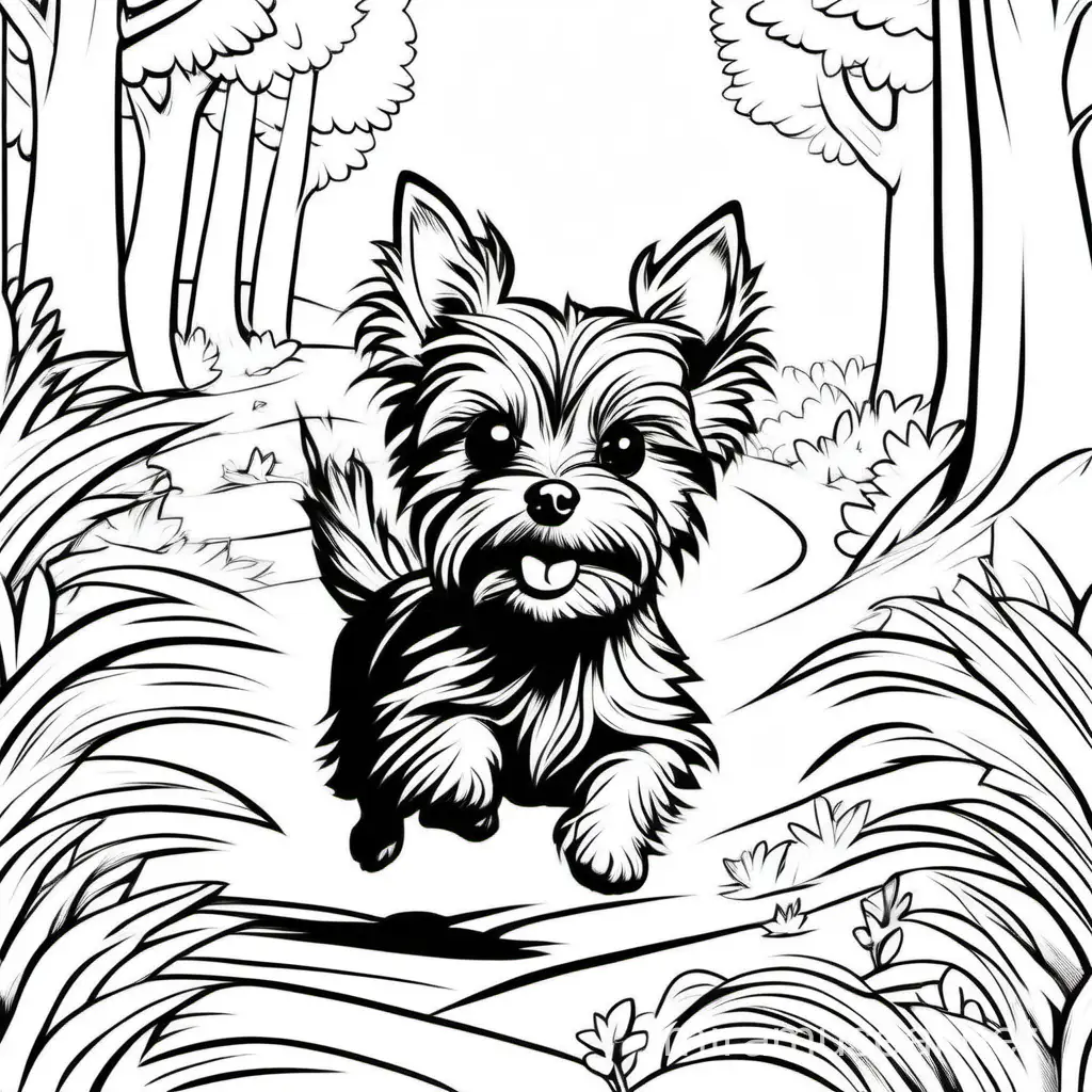 clean black and white, white background, coloring book style drawing, 2D, simple line drawing, yorkie chasing squirrel, doodle