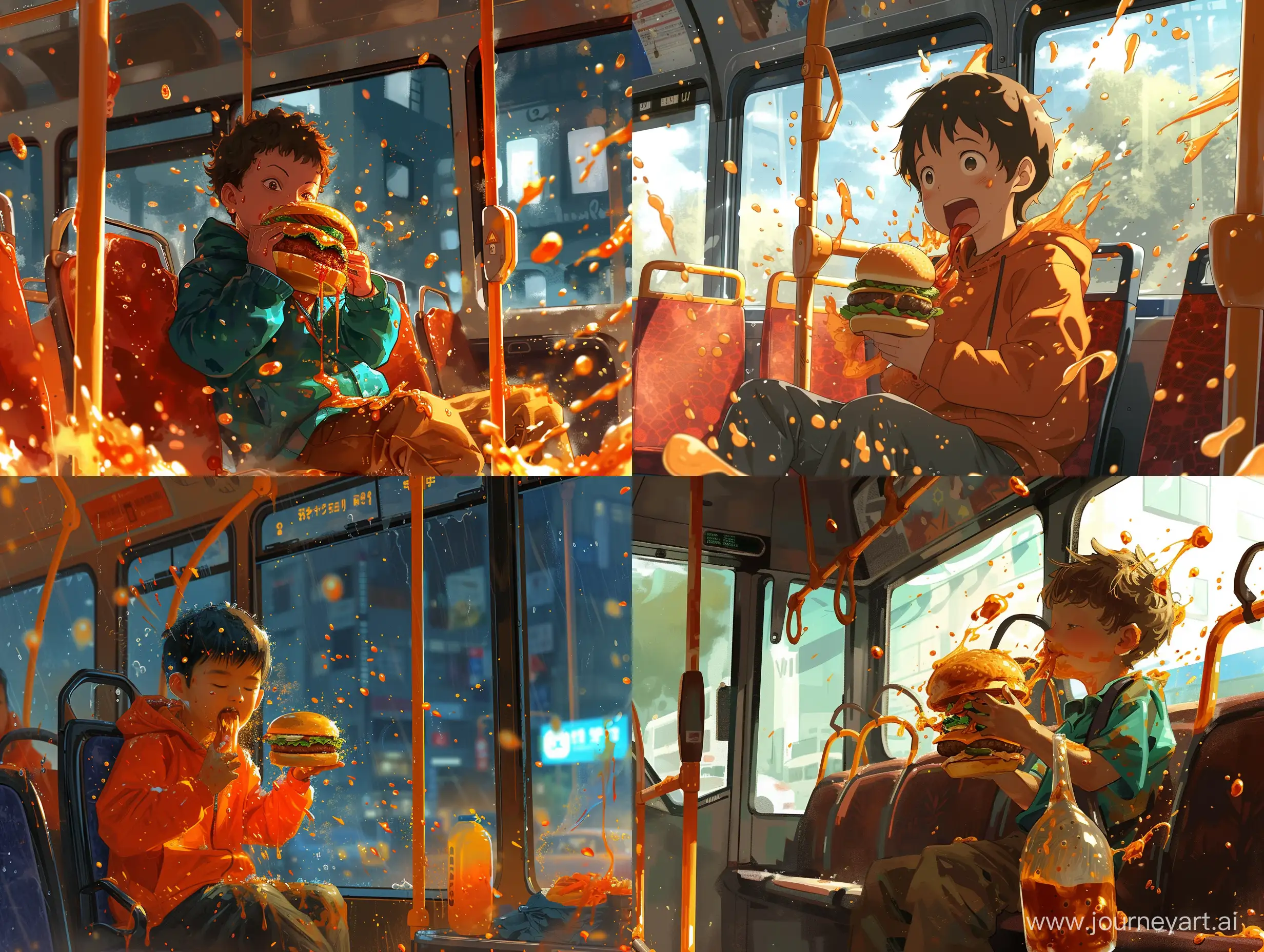 Мальчик сидит в автобусе и ест гамбургер и бырзки соуса летят во все стороны