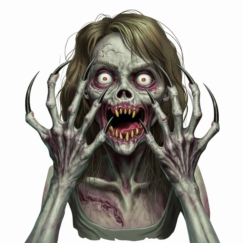 A terrifying female zombie with long, curved pointed nails sticking out of her five fingers like menacing claws. Her skin is pale and rotting, and she has a haggard, sunken face with sunken eyes that look anxious. Her mouth is wide open, revealing jagged teeth resembling fangs, a terrible creature that seems to have climbed out of its grave .human hands, very clear without flaws with five fingers