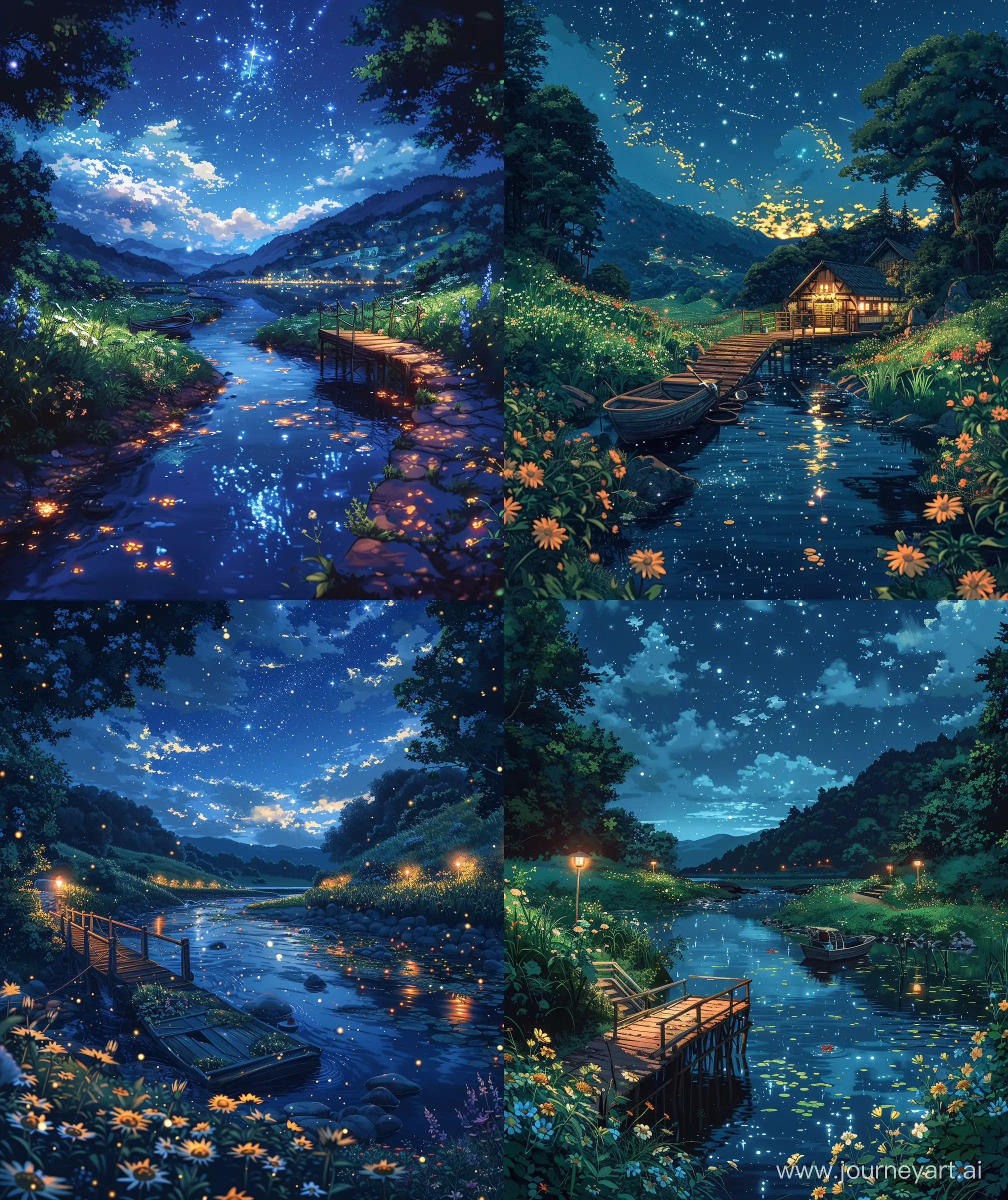 Beautiful anime scenary, Ghibli style, river valley," pier with boat",  stream, night time with starry sky, "nature reflection, glassy look", water stream reflection, flowers around, beautiful serenity, illustration, Ultra hd, sharp details, high quality,anime scenary --ar 27:32 --s 400