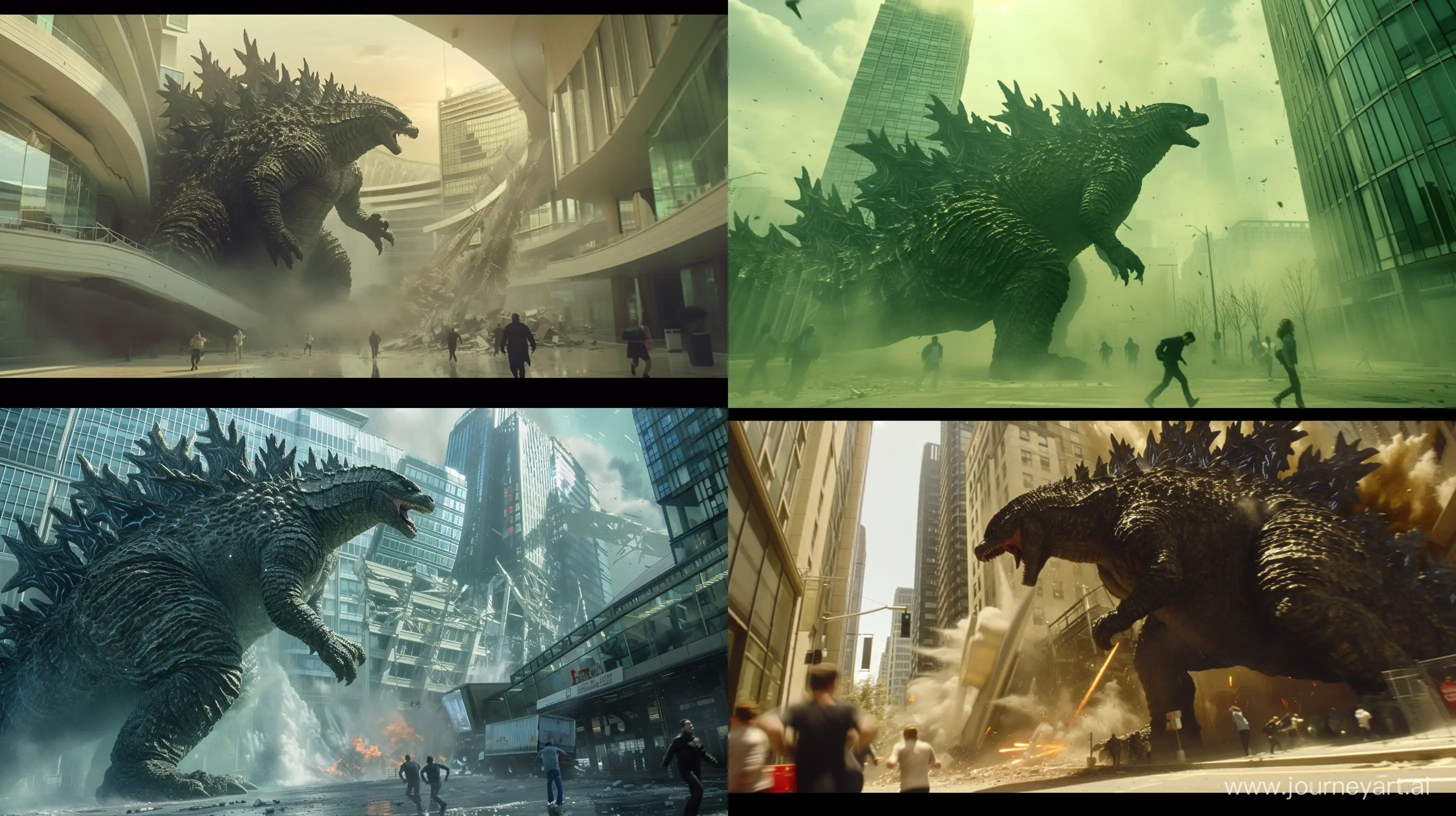 cinematic still, ultra wide angle, Godzilla rampaging through a modern city, building destruction, people running, kaiju chaos --ar 16:9