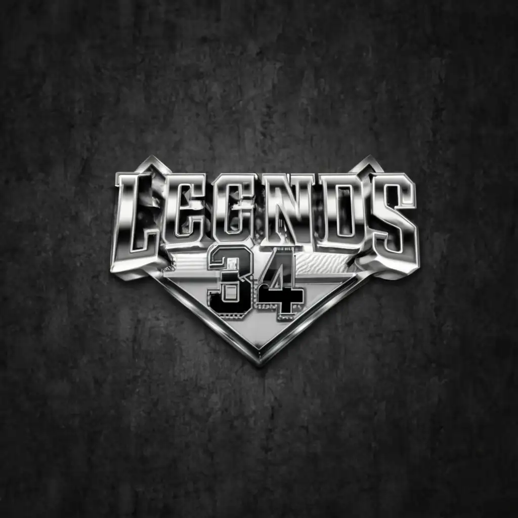 a logo design,with the text "LEGENDS 34 
SPORTS PODCAST", main symbol:bling chrome industrial shiny metallic letters,Minimalistic,be used in Sports Fitness industry,clear background