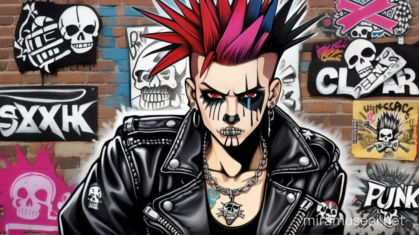 Generate an image of a punk character with a leather jacket covered in patches, ripped jeans, and combat boots. Choose a hairstyle from mohawks, spiked hair, or brightly colored hair with shaved sides. Create a defiant expression with a sneer, intense stare, or raised eyebrows. Add punk accessories like spiked collars, studded belts, and wristbands. Include tattoos of skulls, anarchy symbols, or band logos. Add facial piercings like nose rings or lip rings. Set the scene in an urban environment with graffiti-covered walls, concert posters, or a rundown alleyway. Ensure the character's pose exudes rebellion, with crossed arms, a clenched fist, or a punk rock gesture. Use a color palette with bold and contrasting colors, with black, red, and neon shades dominating. Add props like a guitar, drumsticks, or a spray paint can. Represent diversity in gender, race, and body types.

