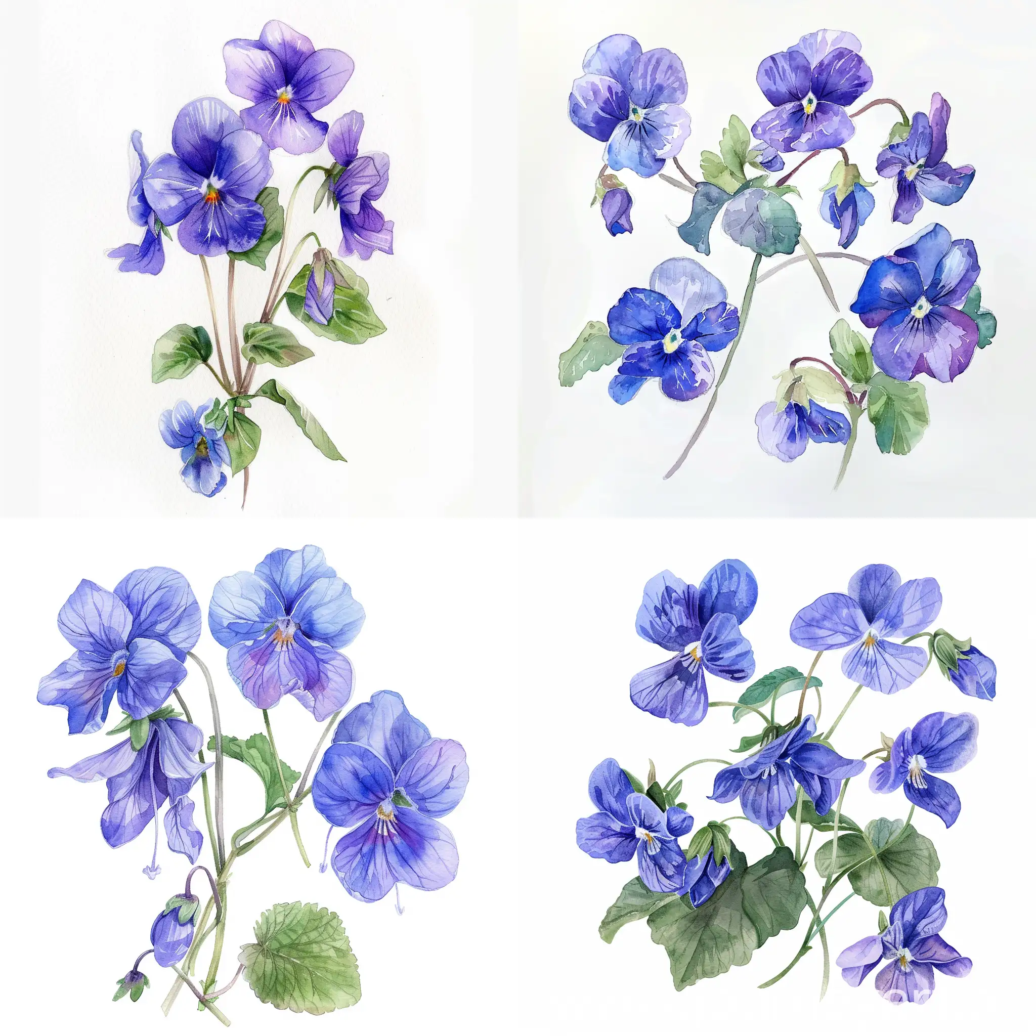 watercolor wildflower, violets, on white background, soft handpainted, detailed