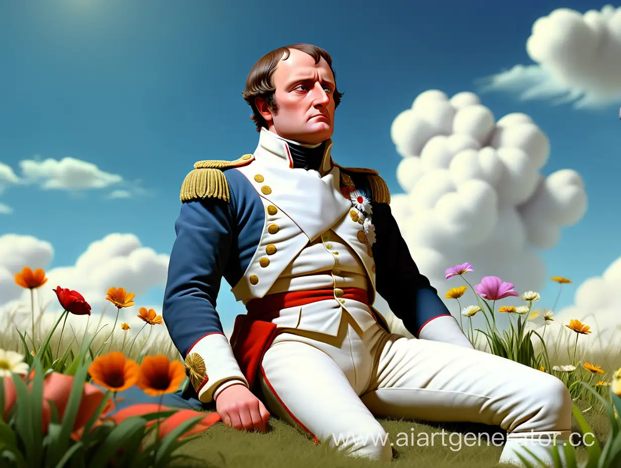 Наполеон I Бонапарт смотрит на голубое небо сидя на земле с травой и разными цветами

 

