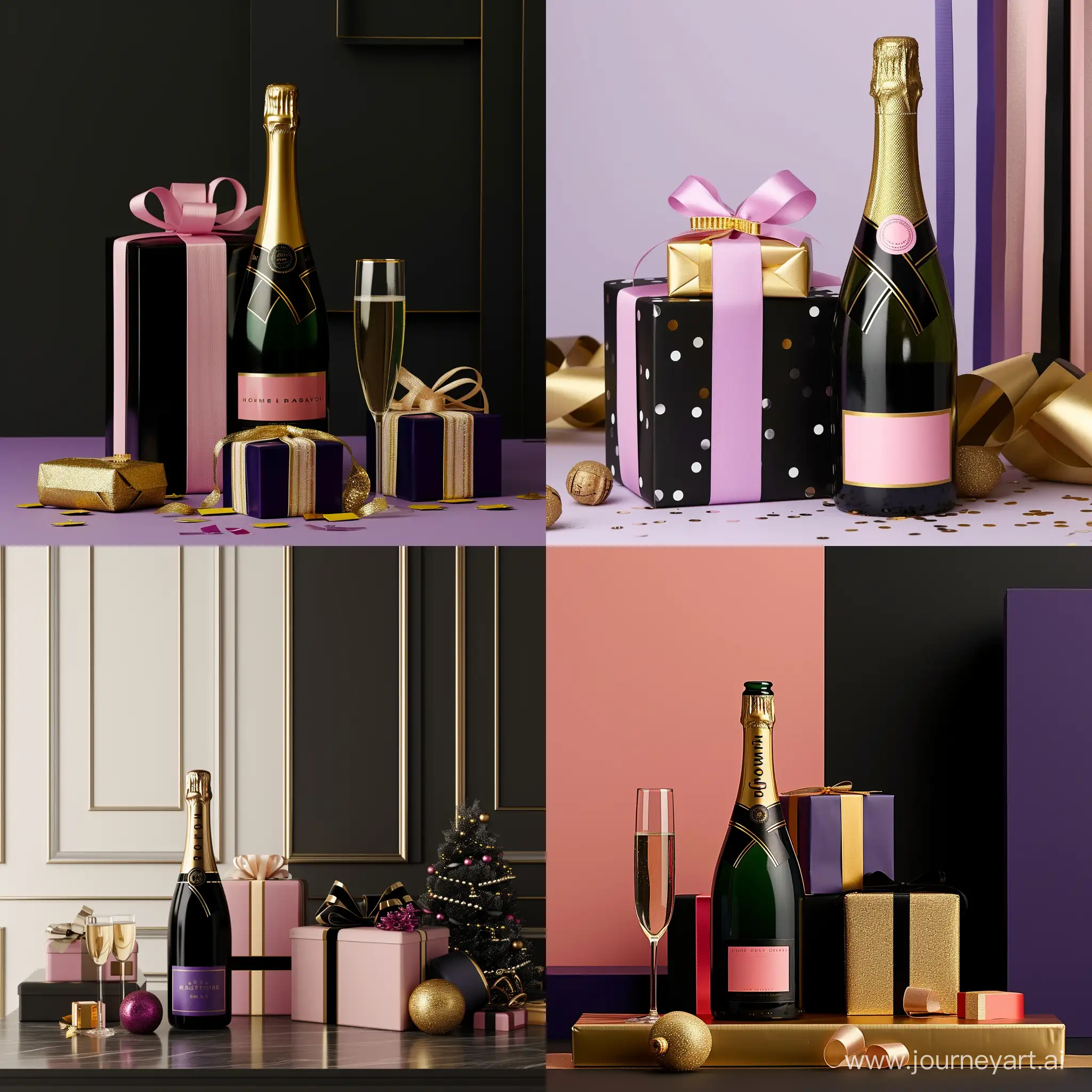 Elegant-HomeDelivery-Surprise-Black-Gold-Pink-and-Purple-Gift-with-Champagne-Bottle