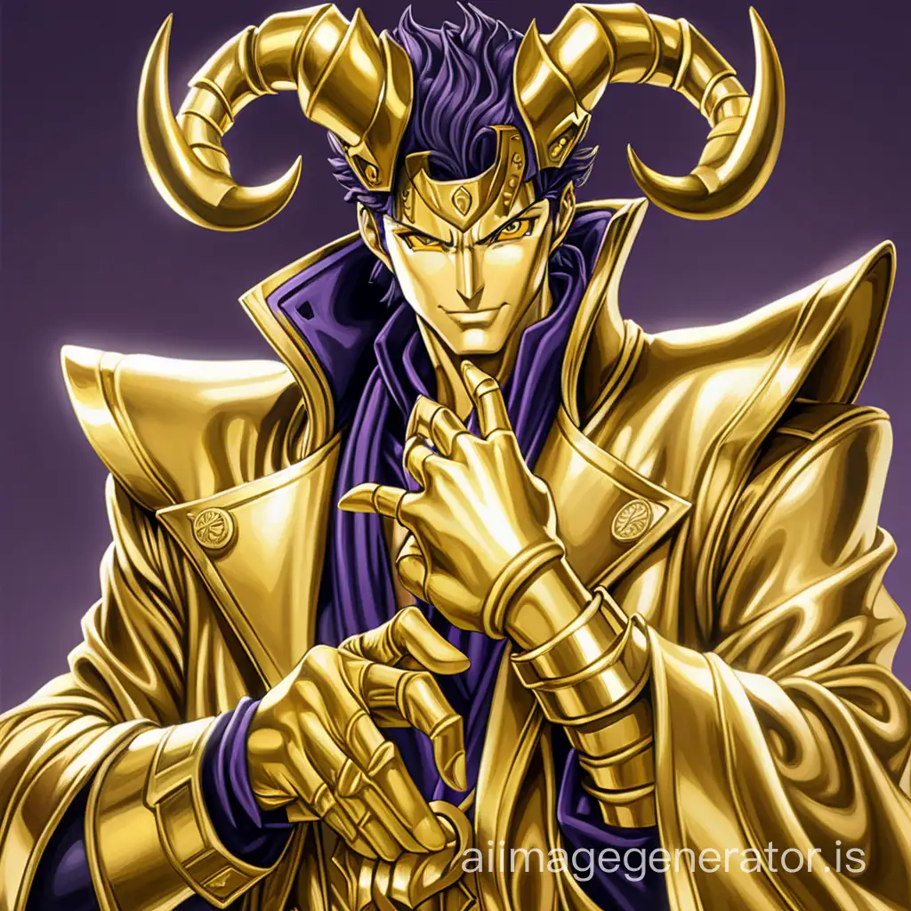 Kujo Jotaro, JoJo, tiefling, horns, golden clothes, golden scarf, golden horns, golden skin, long scarf made of gold, clothes made of gold, completely golden skin, golden face, face made of gold, hands made of gold, long flowing scarf made of gold, hair made of gold, golden horns, horns made of gold