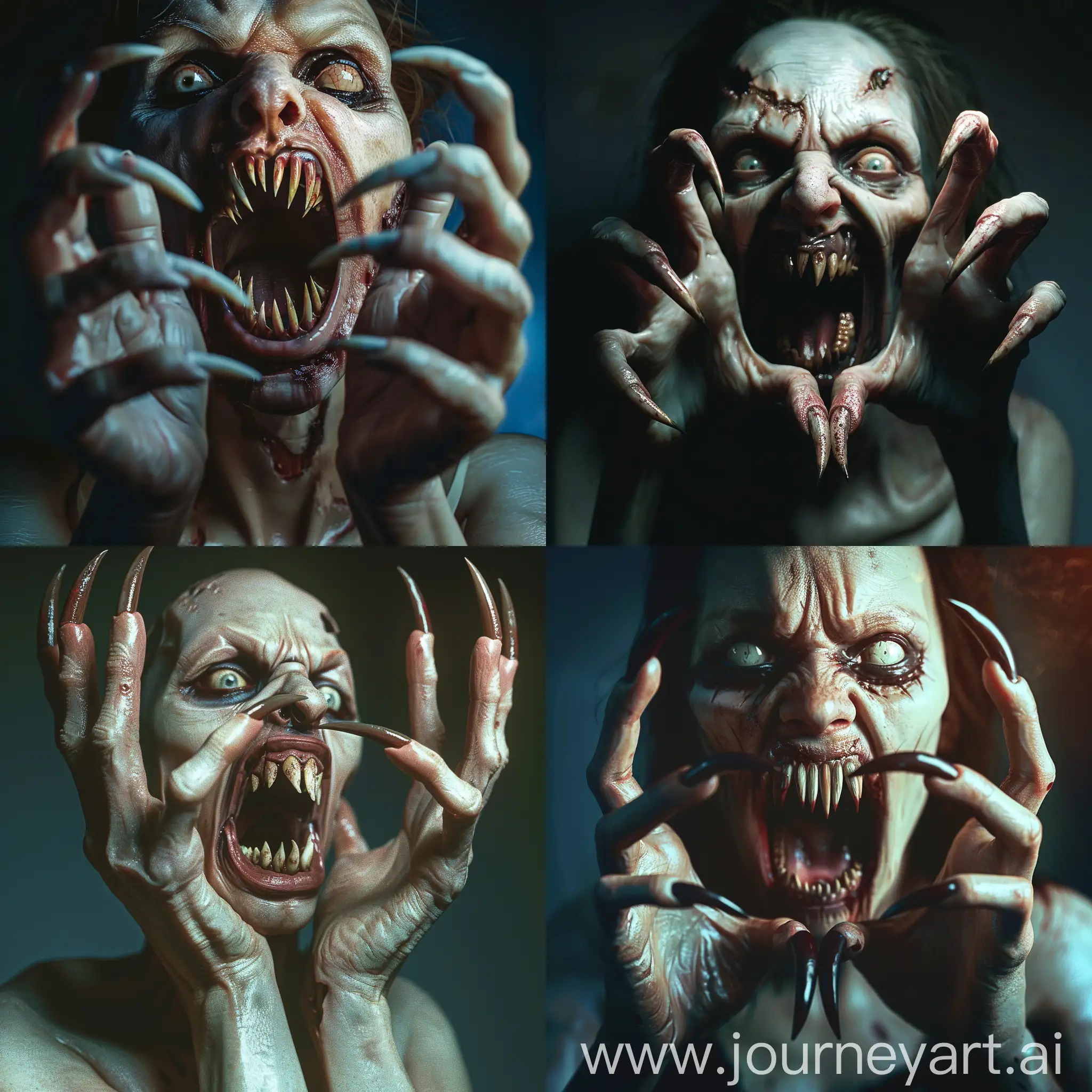 a horrifying nightmare scene of a zombie woman with long, curved pointed nails protruding from her five fingers like menacing claws. Her skin is pale and rotting, her eyes vacant, and her mouth wide open, revealing a row of sharp, pointed teeth resembling fangs. The zombie woman is in a dynamic pose, exuding a sense of terror and threat. hyper-realism, cinematic, high detail, photo detailing, high quality, photorealistic, terrifying, aggressive, bloodlust, sharp fangs, dark atmosphere, realistic, detailed nails, horror, atmospheric lighting, full anatomical. human hands, very clear without flaws with five fingers