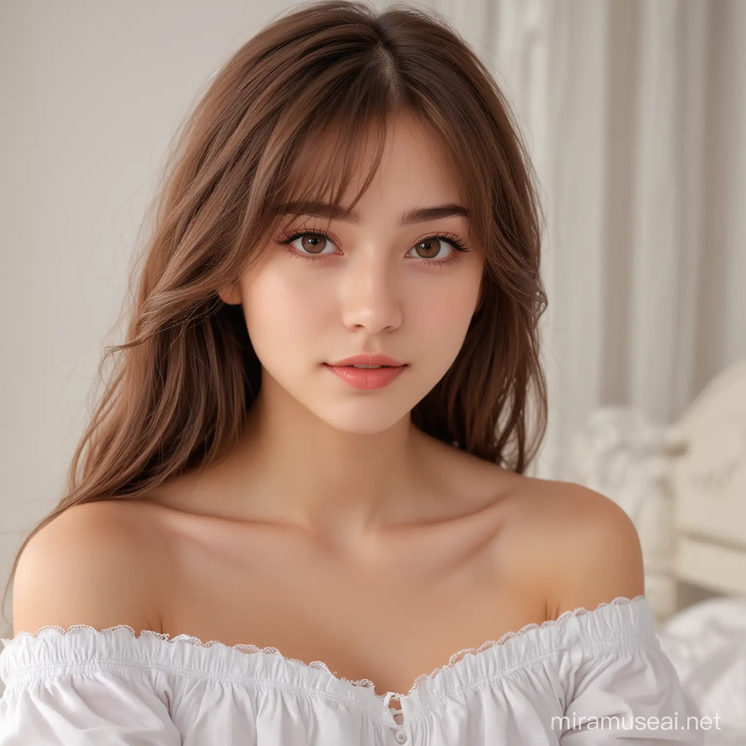 one girl, (a beauty girl, delicate girl:1.3), (15 years old:1.3),
break, (off-shoulder:1.2),
break, (bedroom:1.2),
break, very fine eyes, (symmetrical eyes:1.3),
break, small breasts, brown eyes, parted bangs, brown hair, (upper teeth, best smile:0.2),
break, (eyes and faces with detailed:1.0),
break, (masterpiece, best quality, ultra detailed, detailed face, 8k)