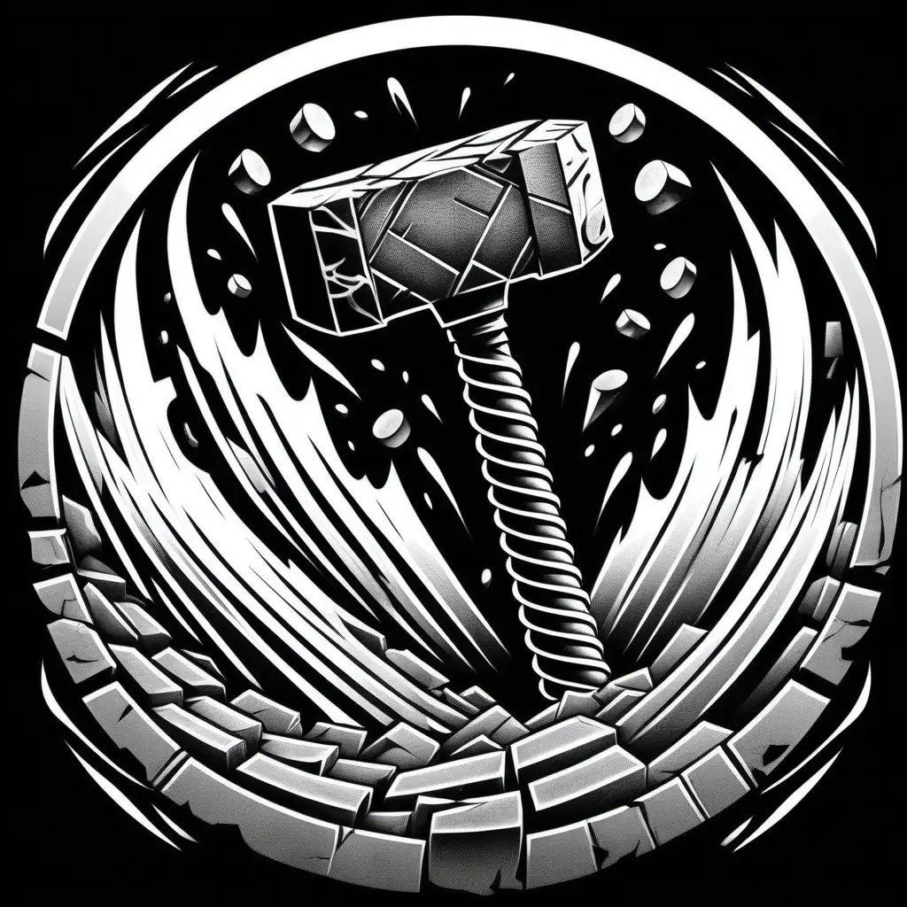 thor's hammer in black and white banksy style, coloring book page ,the hammer is striking the ground, ground is fractured, black background -v5 , circle logo