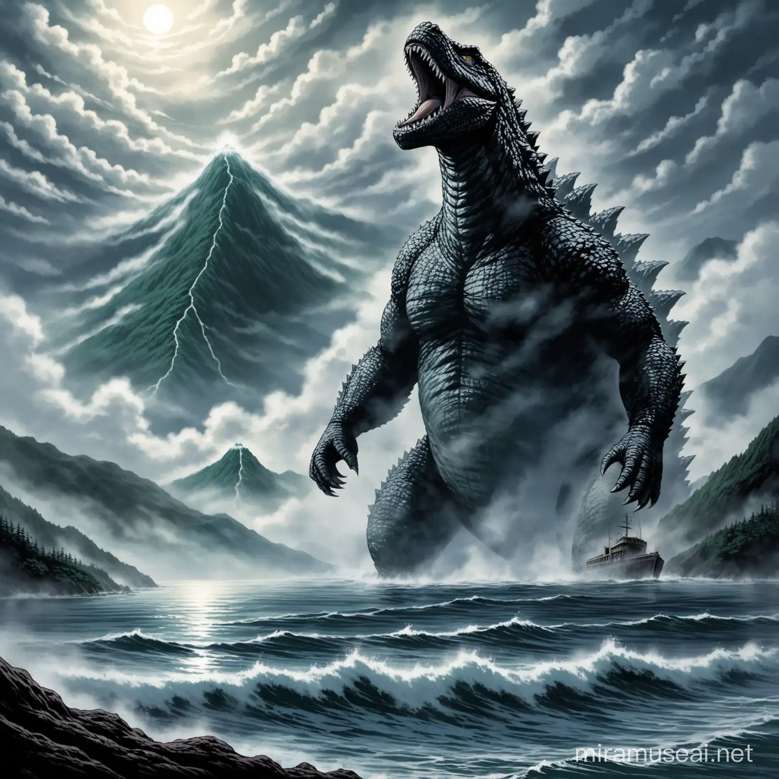 Legendary Godzilla Horror Movie Scene Foggy Mountain Ocean Encounter