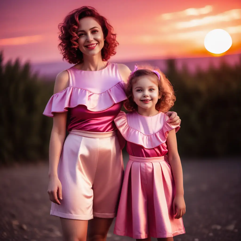 A woman and her daughter, full body, mother looks at girl, girl faces camera, beautiful, dark pink trendy outfit, wealthy, white skin, pretty, roman nose, short wavy caramel hair, confident, smiling, planets above, the sun is bright, sunset, pink peach purple sky