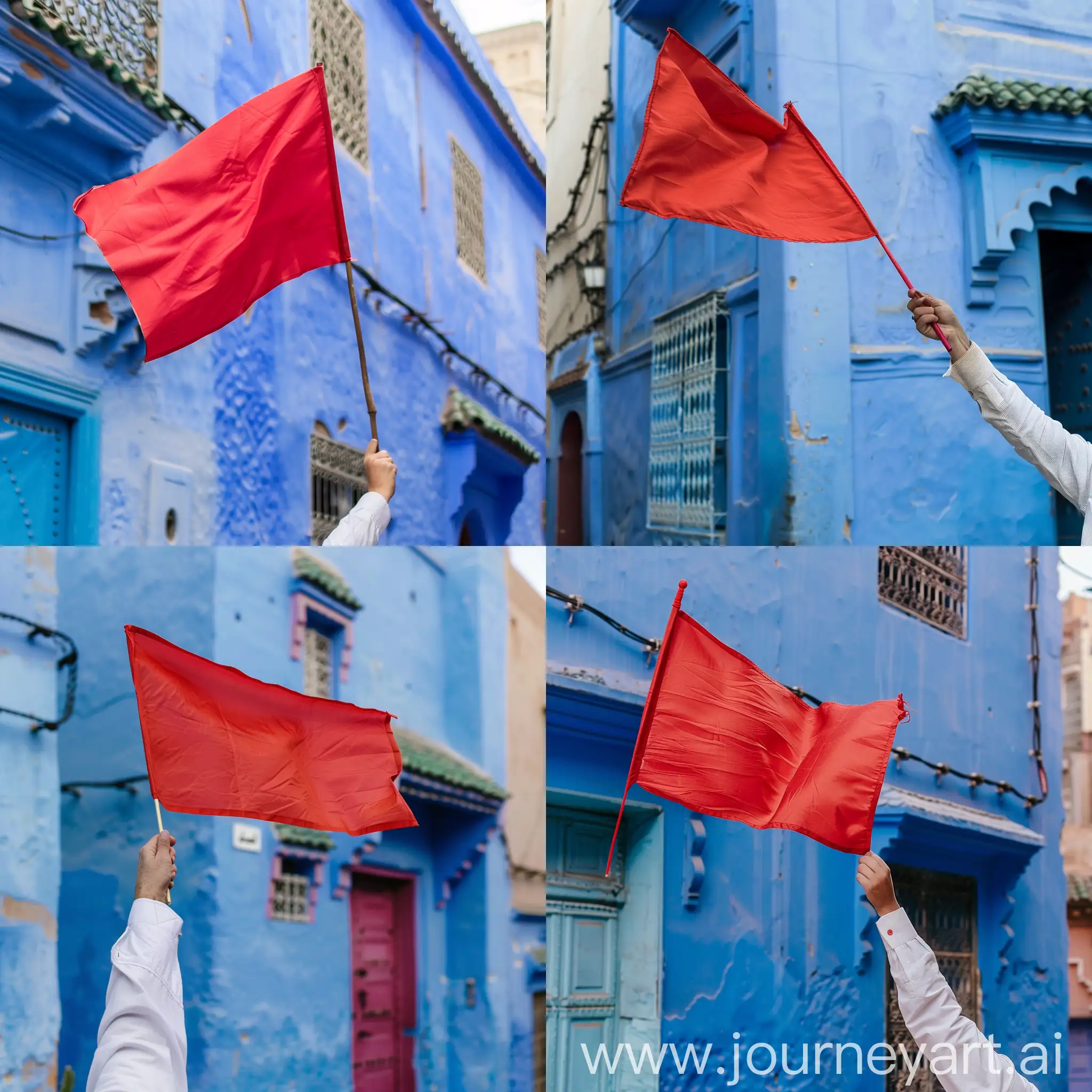 Person-in-White-Shirt-Waving-Red-Flag-Against-Blue-Building-in-Morocco