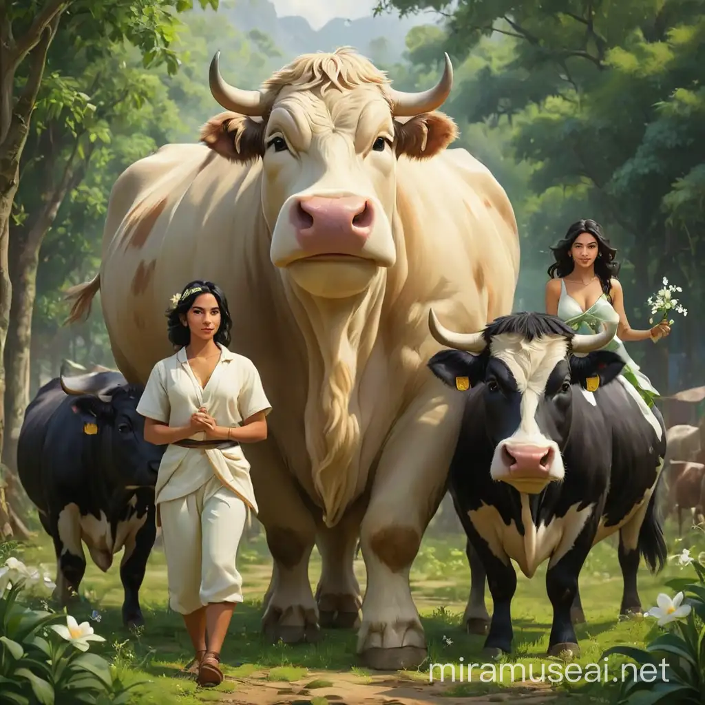 creat a man call jasmine with two big cow