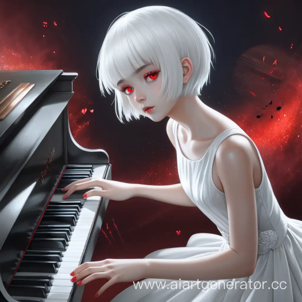 Девочка с белыми короткими волосами, красными глазами и в белом платье играет на пианино