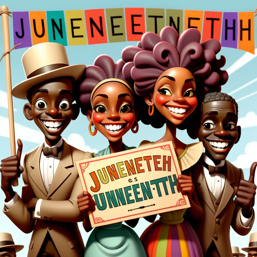 Vintage Cartoon African Americans Celebrating Juneteenth with Colorful Sign