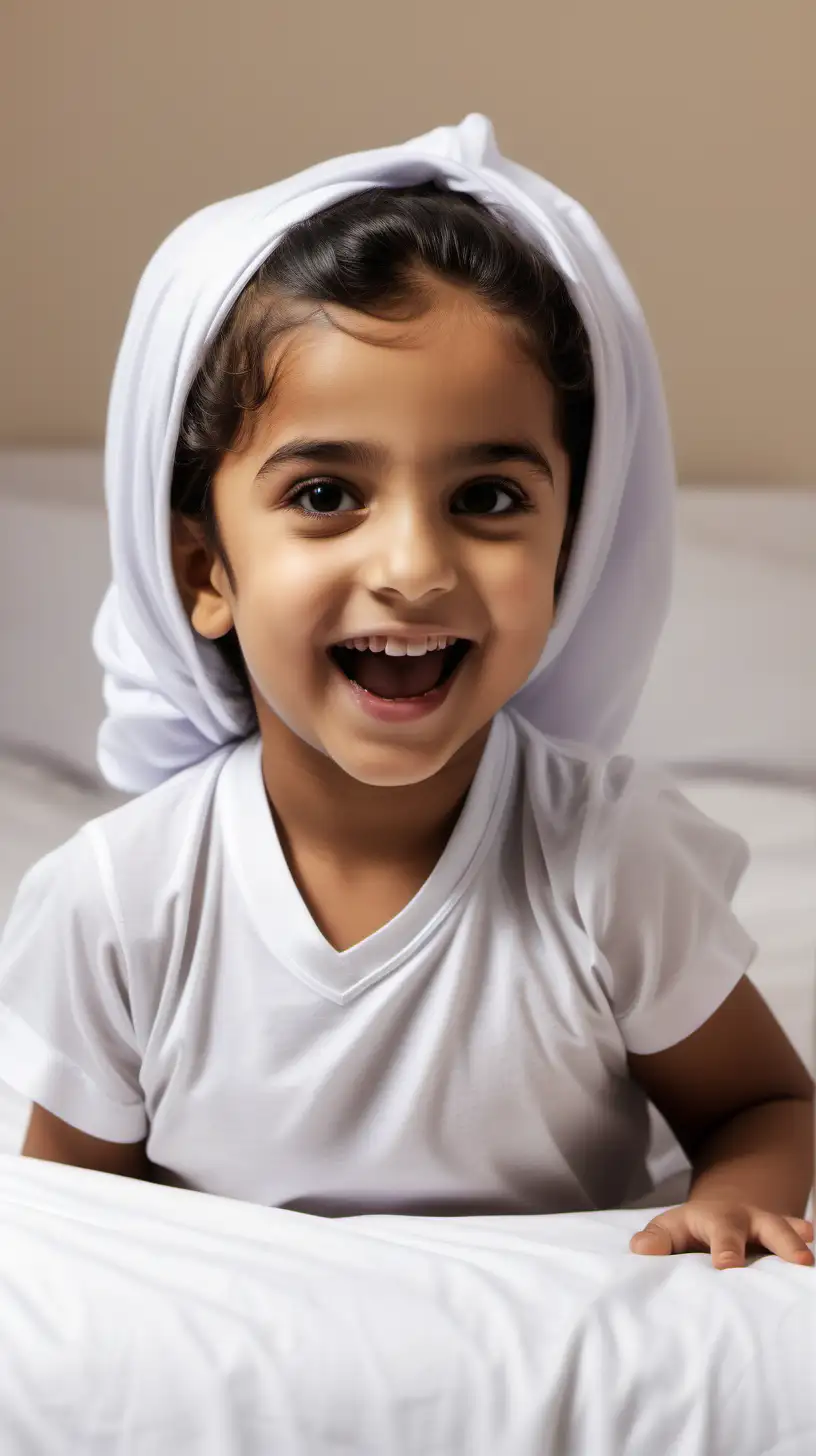 Happy 5YearOld Arabic Girl Getting Out of Bed with Joyful Anticipation