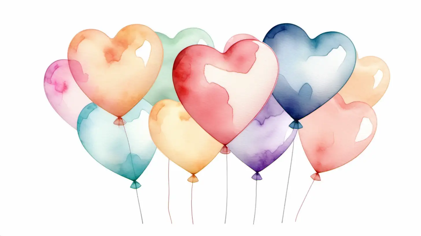 colorful heart-ballons, watercolored design, soft pastel, white background