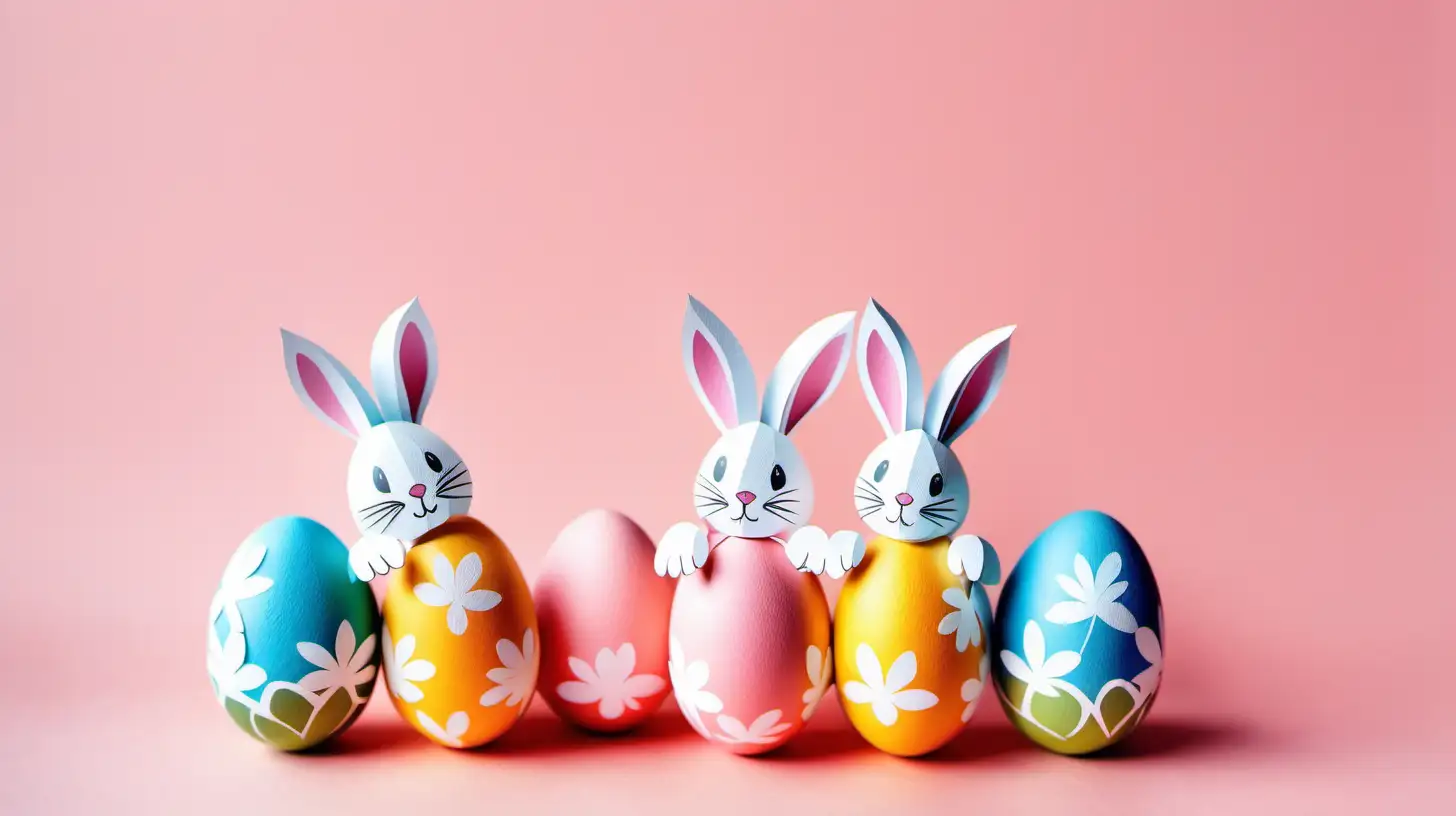 painted eggs with cute bunny rabbit in easter day, photo shoot, bright tone, paper cut style
