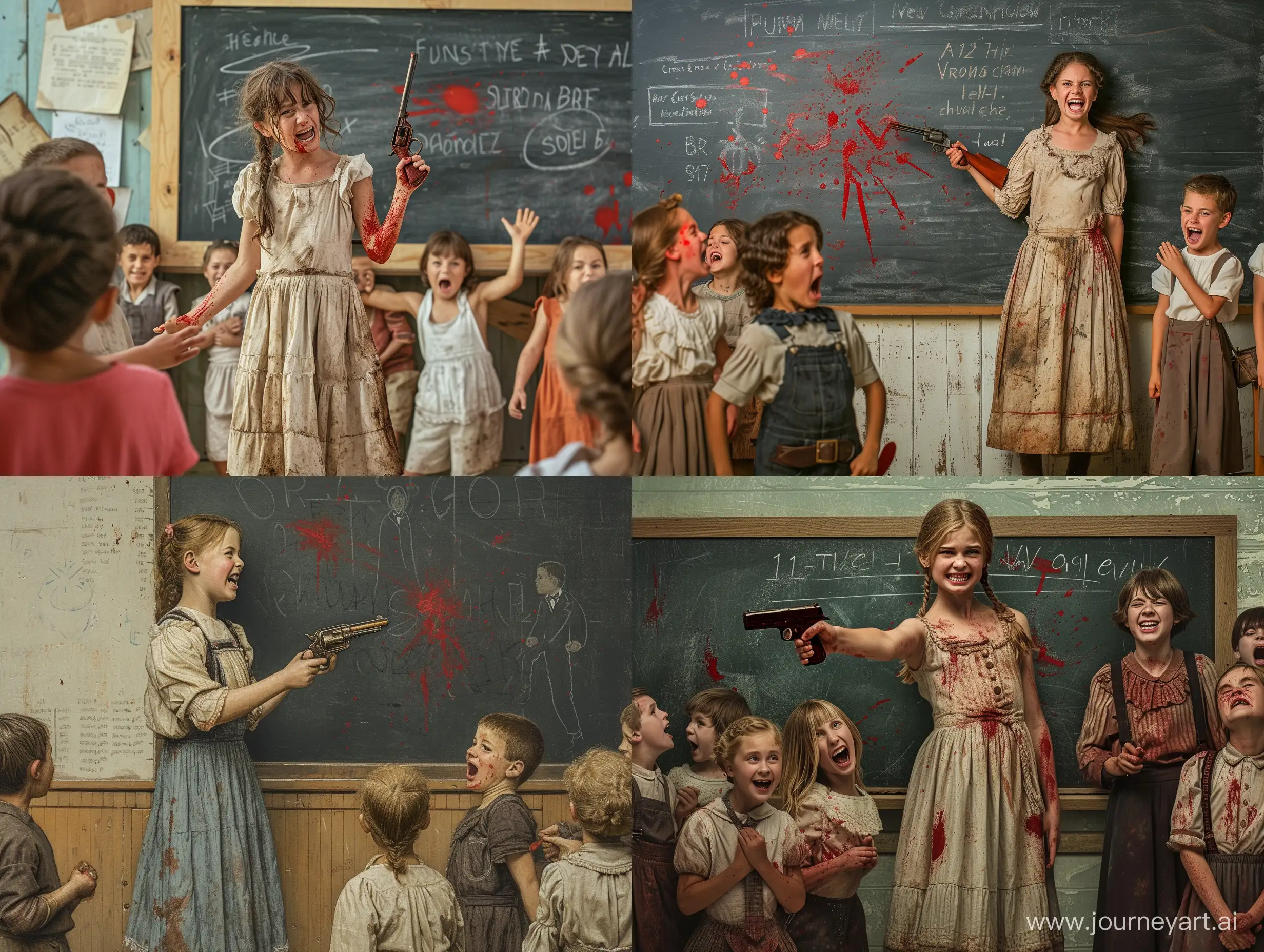 12-летняя девочка пионерка стоит в школе около классной доски с пистолетом в руке. дети кричат. учительница хохочет. но она в красной краске. платье ее грязное.
