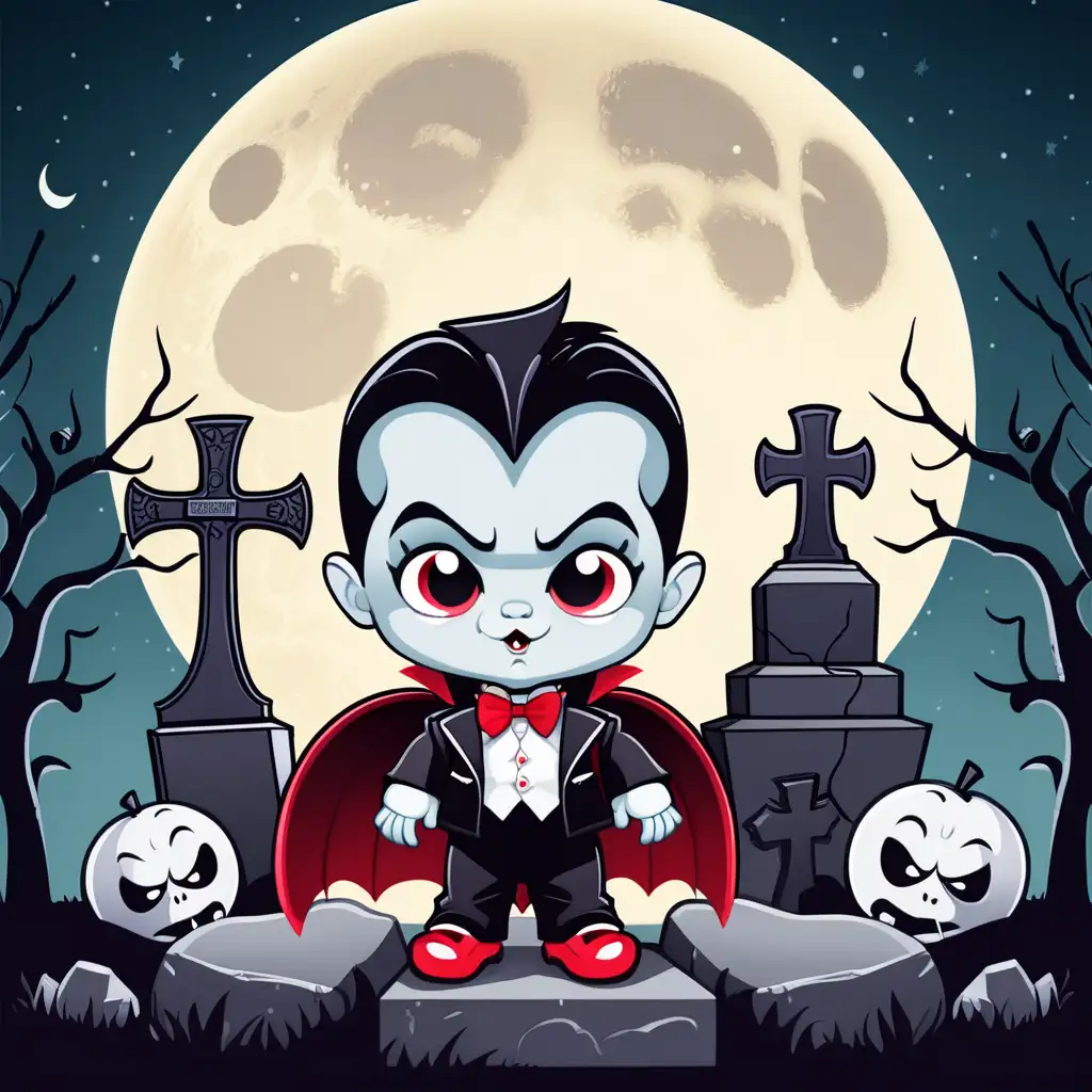 Create cute  illustration clip art of a universal monsters baby Dracula with a full moon in a cemetery scene