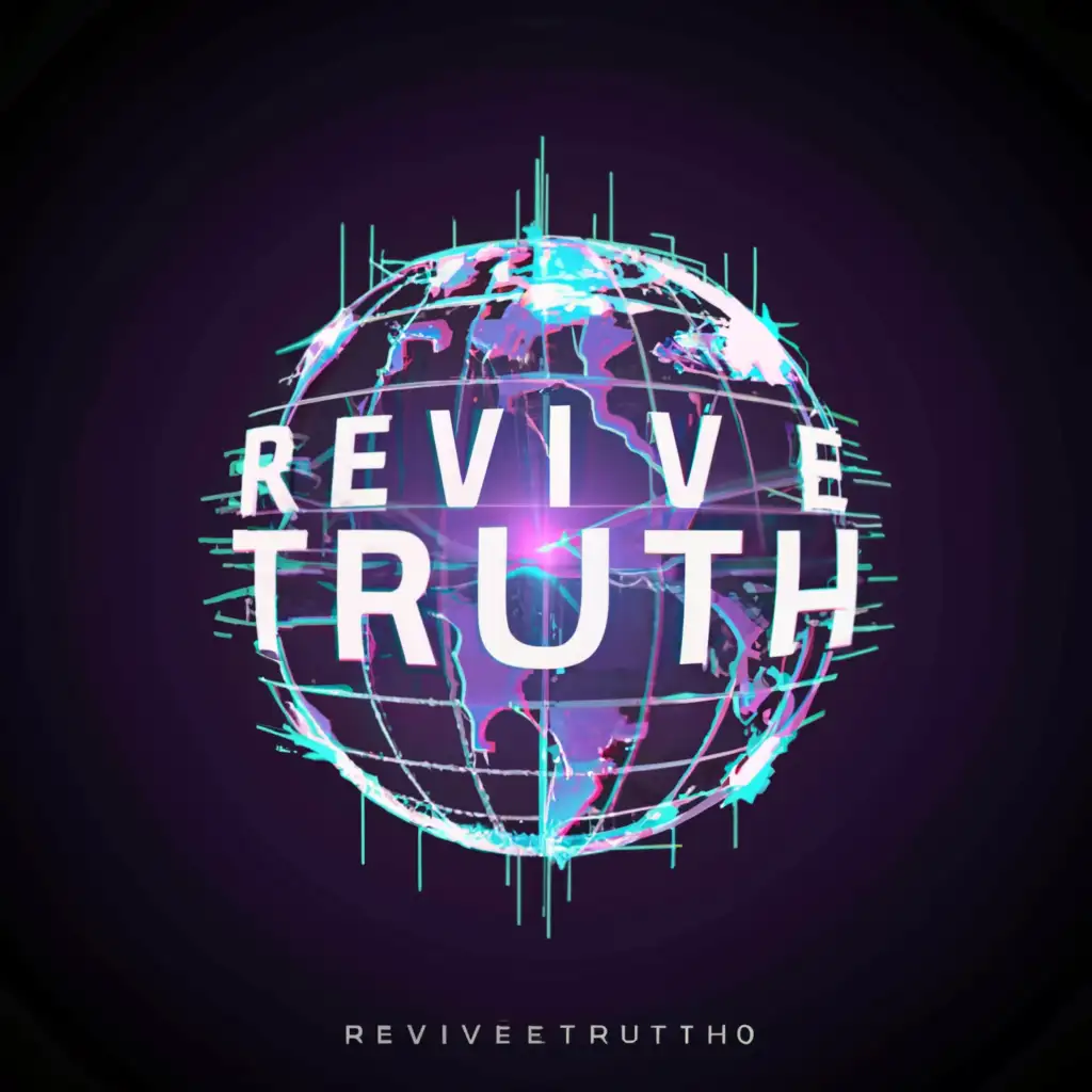 a logo design,with the text "ReviveTruth", main symbol:digital earth logo flickering cyber torn king of like cyberpunk logo like it is flickering into view and screen tear effect, the earth is like a torn image in pieces as if the laptop monitor was cutting out, for a cool cyber effect make it more cyber with red and blue and green neon colors,complex,clear background