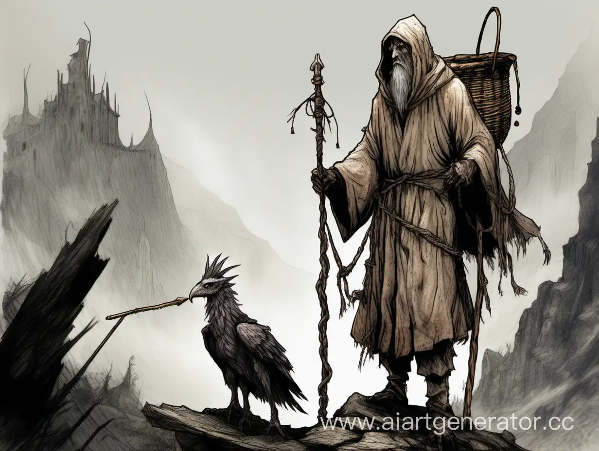 Hermit in rugged and patch robe, face in horrible scars. On his back he wears basket backpack. On his rope belt rusted mug and two small bone charms. In hand wooden staff. Near him tall griffons accompanied him. Dark souls.