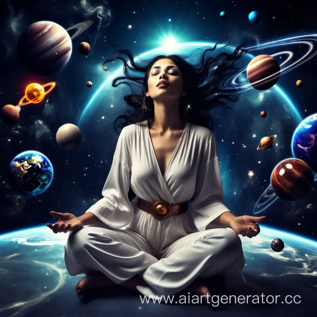 magic woman sitting with eyes closed in space and planets around