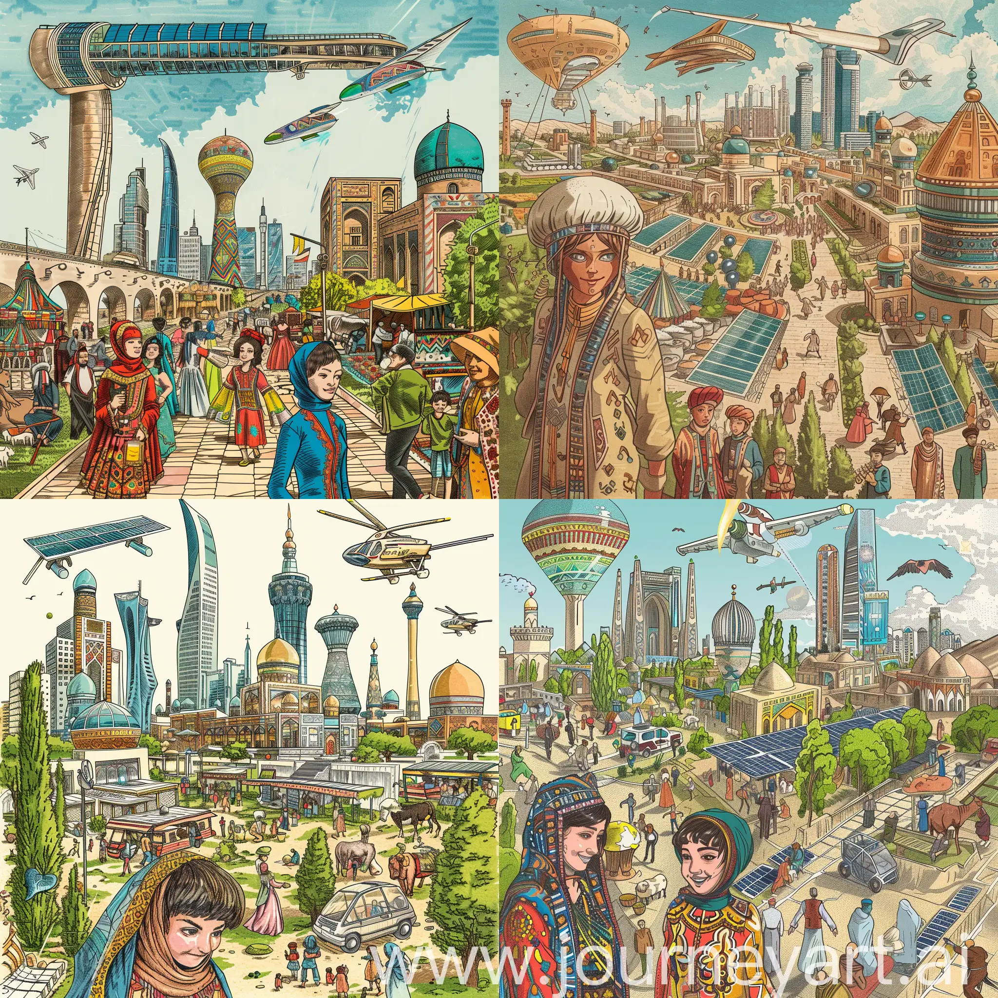 You could draw a futuristic cityscape of Tashkent, the capital and largest city of Uzbekistan, with skyscrapers, solar panels, flying cars, and a monorail system. You could also show some traditional elements, such as the Kukeldash Madrasah, the Chorsu Bazaar, and the Amir Timur Museum, to contrast the old and the new. You could draw a scene of a rural village in Uzbekistan, with people wearing colorful national costumes and performing folk dances or music. You could also show some aspects of the agricultural sector, such as cotton fields, orchards, or livestock. You could also include some symbols of the Uzbek culture, such as the khumus (a musical instrument), the suzani (an embroidered textile), or the plov (a rice dish). You could draw a portrait of a young Uzbek person, who represents the future generation of the country. You could show their hopes and dreams, as well as their challenges and opportunities. You could also show some features of their identity, such as their ethnicity, religion, education, or profession. You could also include some accessories or objects that reflect their interests or hobbies.