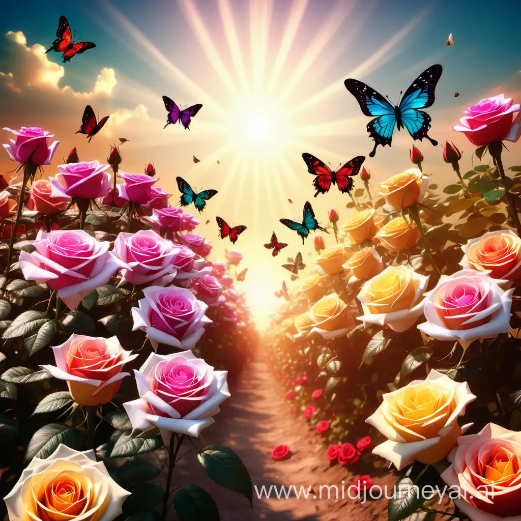 Vibrant Multicolor Roses and Butterflies in the Warm Summer Sun